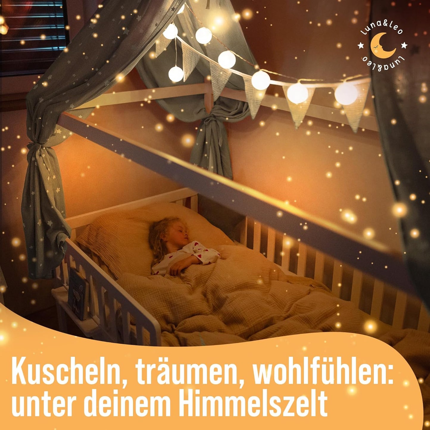 Hausbett Himmel-Set mit Sternendruck und Wimpelkette, Beige Sterne H320 x B130 cm (2er Set)
