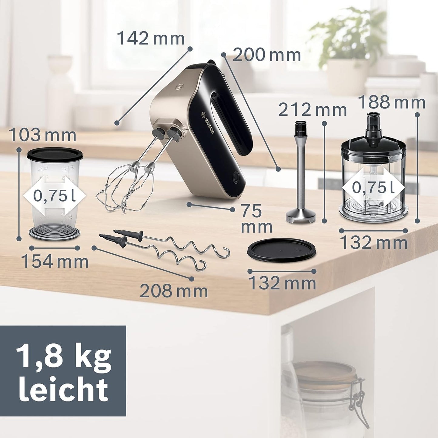 Handmixer mit Rühr- und Knethaken, Schwarz / Chrome