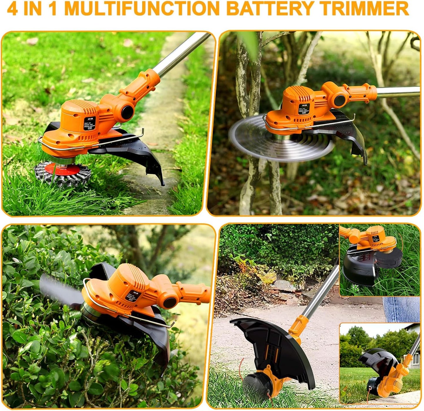 Akku-Rasentrimmer ‎HY-08 mit Unkrautbürste und 4 Klingentypen, orange-b