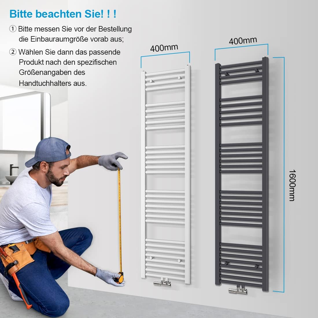 Handtuchtrockner mit Mittelanschluss, 40 x 160 cm, 40x160cm, Weiss