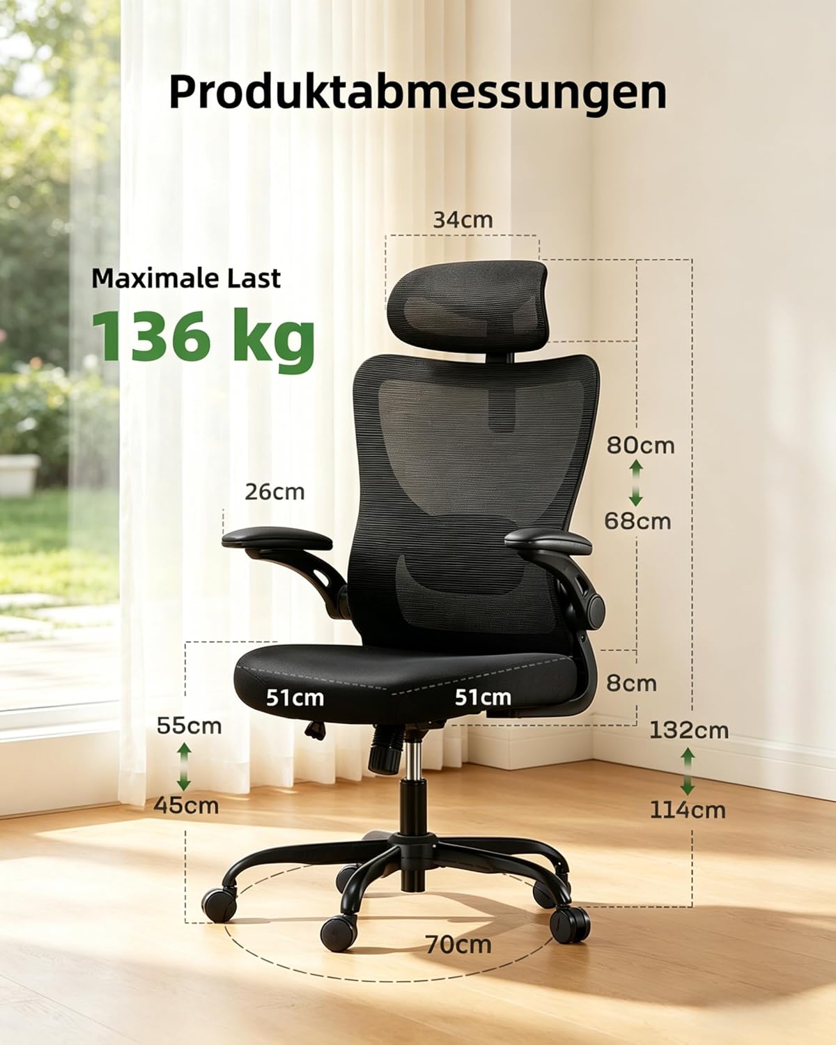 Ergonomischer Bürostuhl mit verstellbarer Lendenwirbelstütze, Dunkel