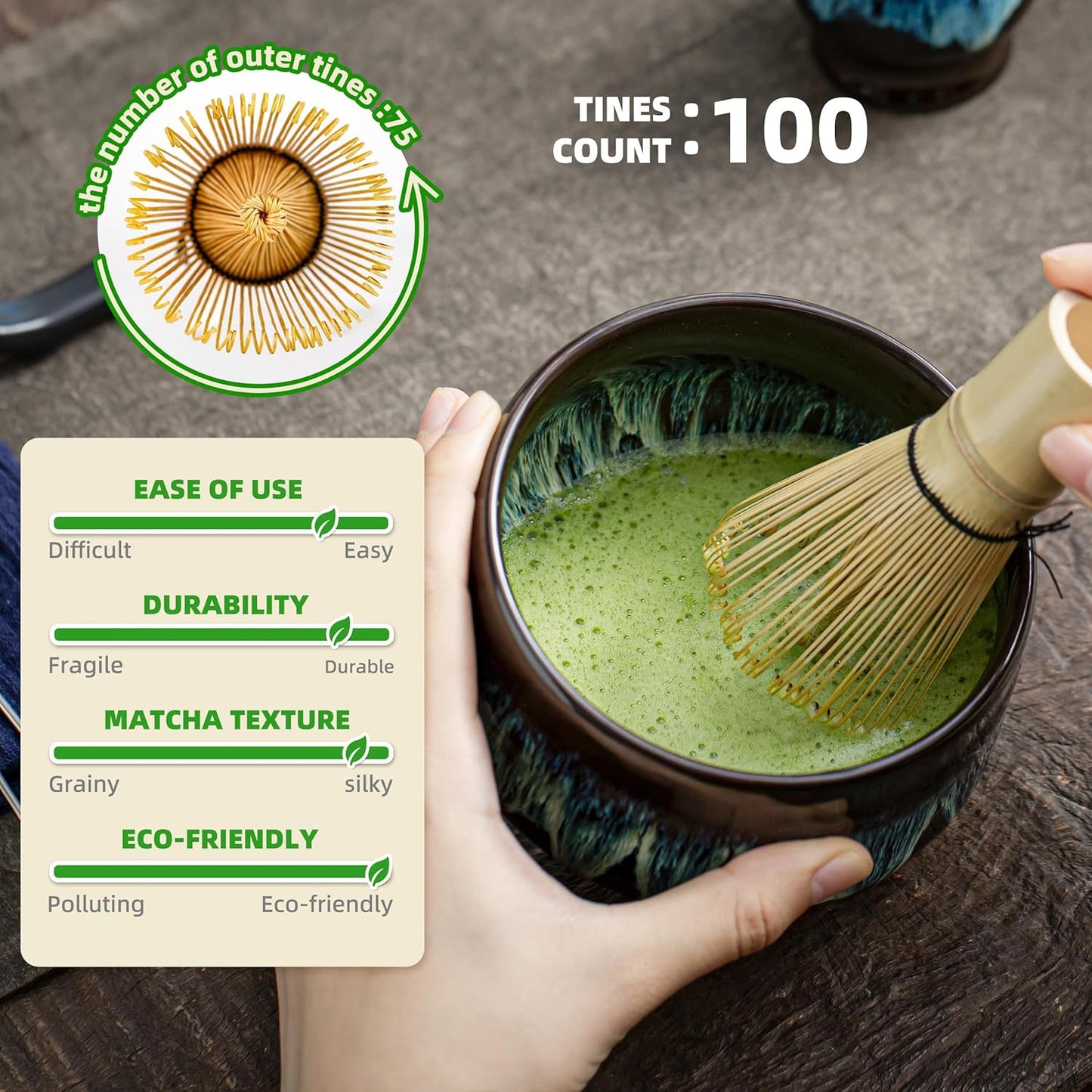 7-teiliges Matcha-Tee-Set mit Bambusbesen, Bol Junware, A.junware-grün