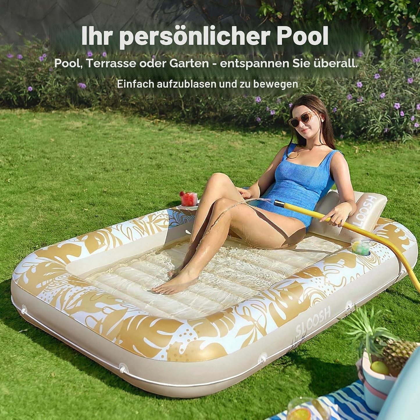 Aufblasbarer 4-in-1 Sonnenliegepool mit Kissen und Getränkehalter, Gold Weiss L