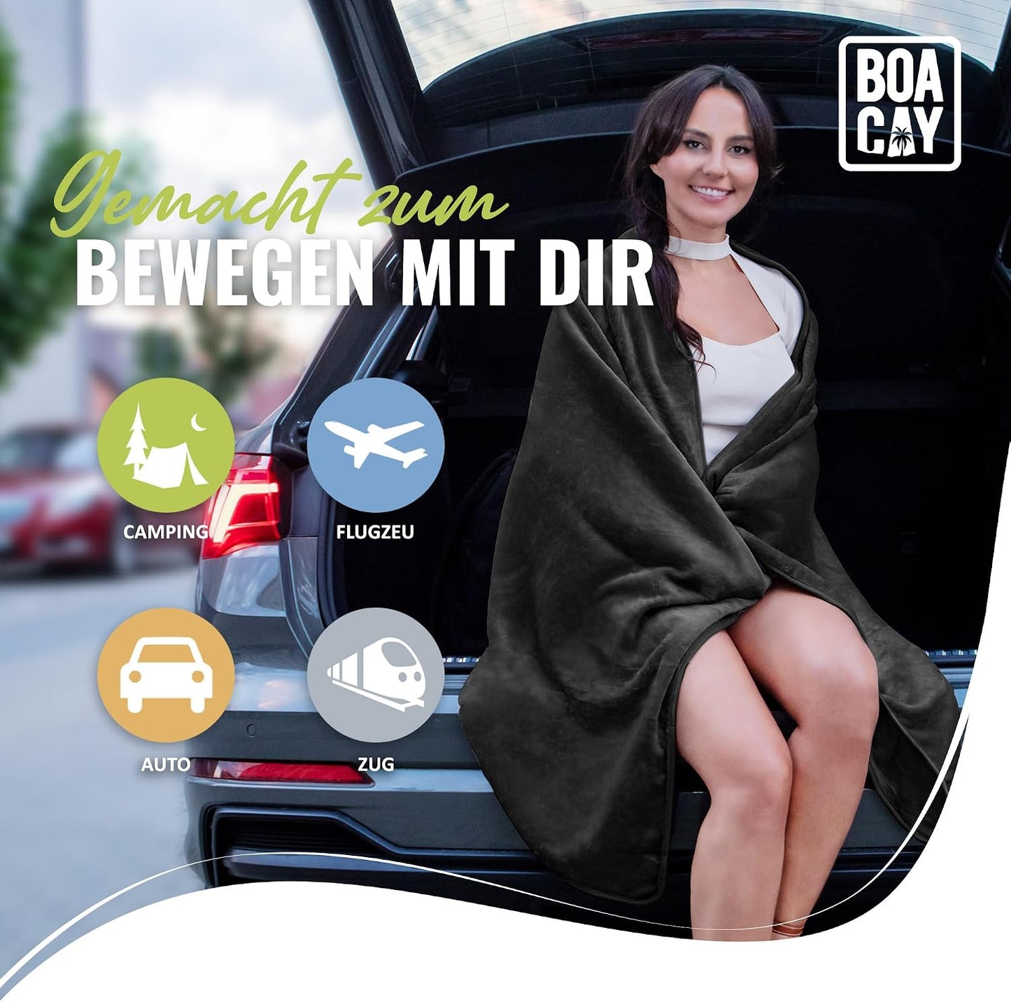 Reisedecke mit Kissen & Rucksackclip, Schwarz