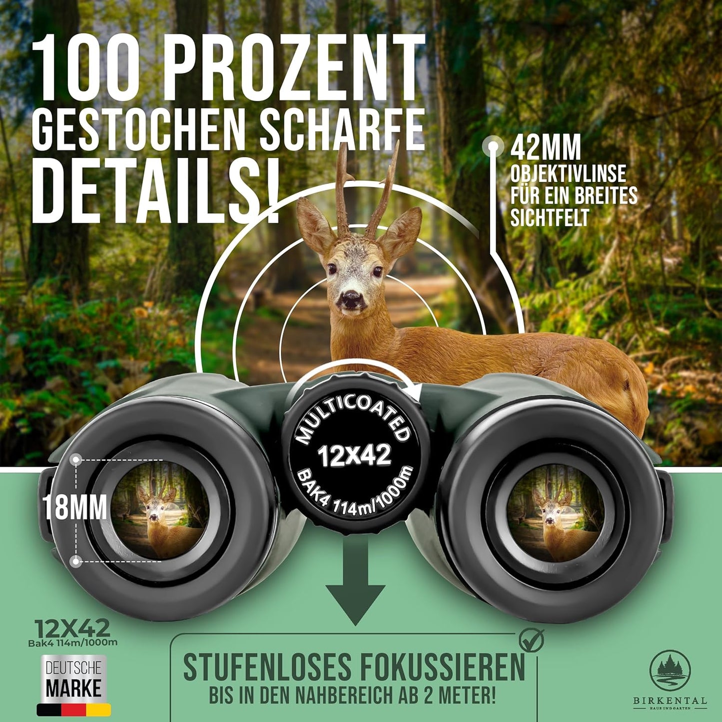 Fernglas 12x42 HD Zoom wasserdicht, Grün 12x42