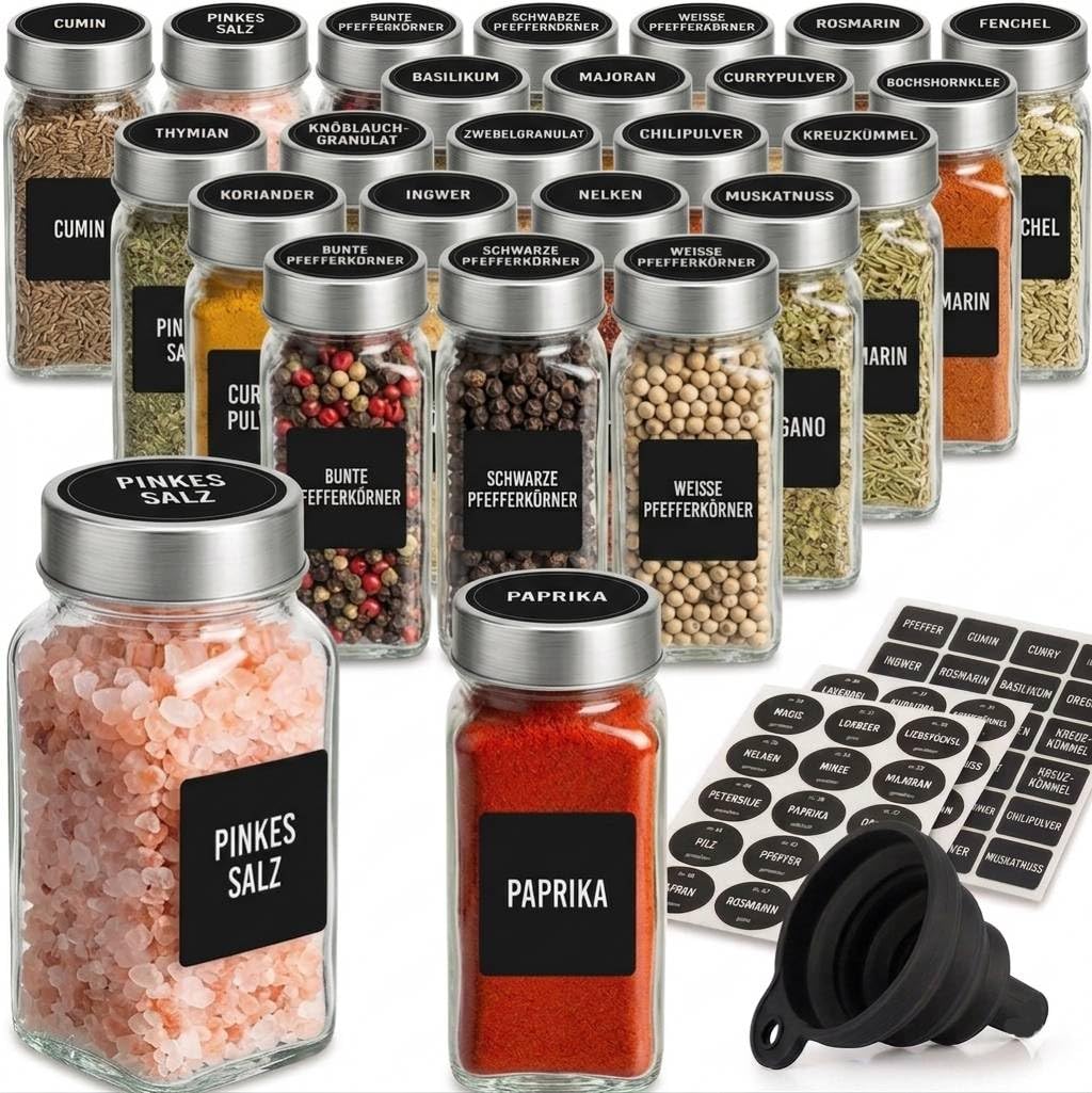 Gewürzgläser-Set mit Etiketten, 25 Stück, Edelstahl Lid