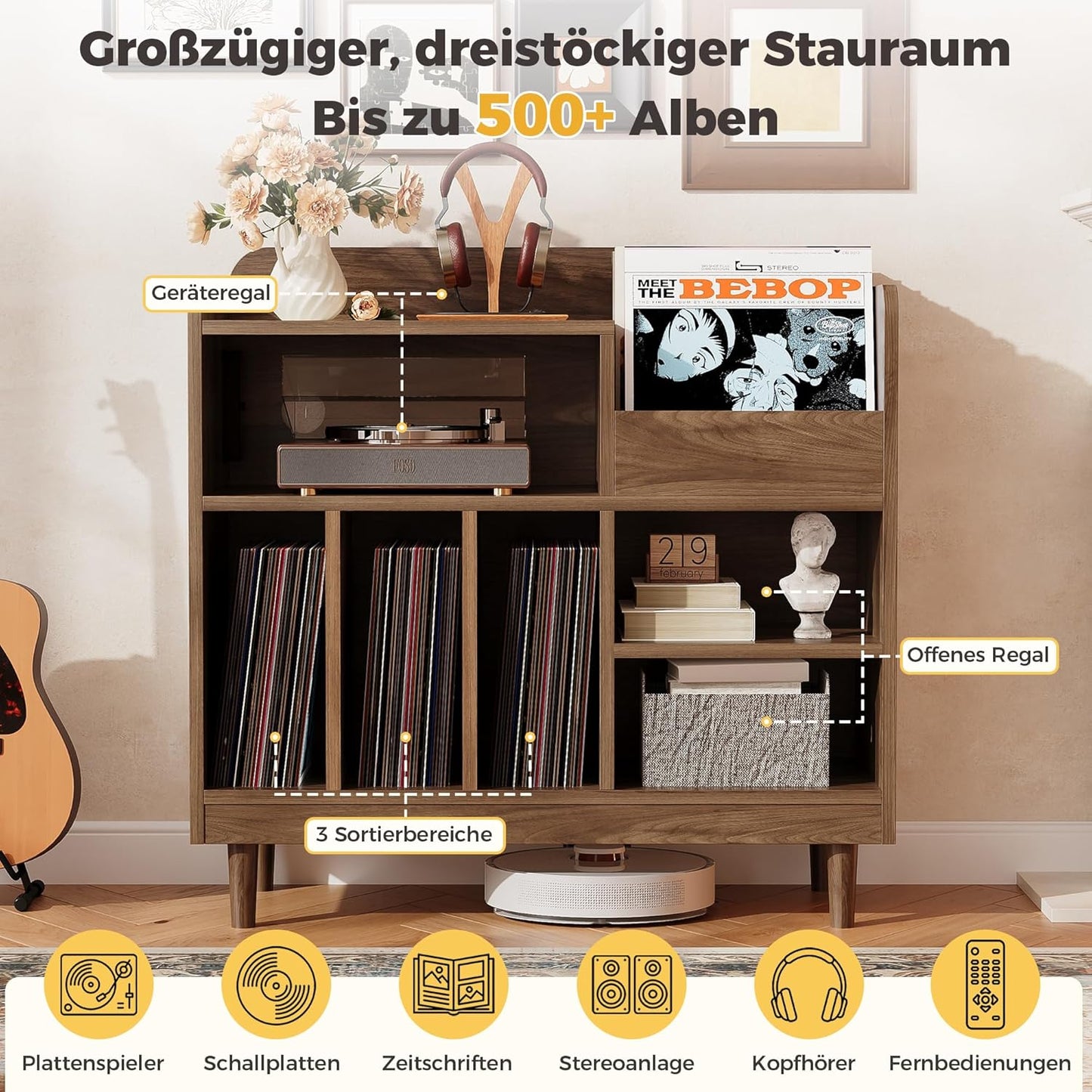 Vinyl-Plattenspieler-Regal mit Ladestation