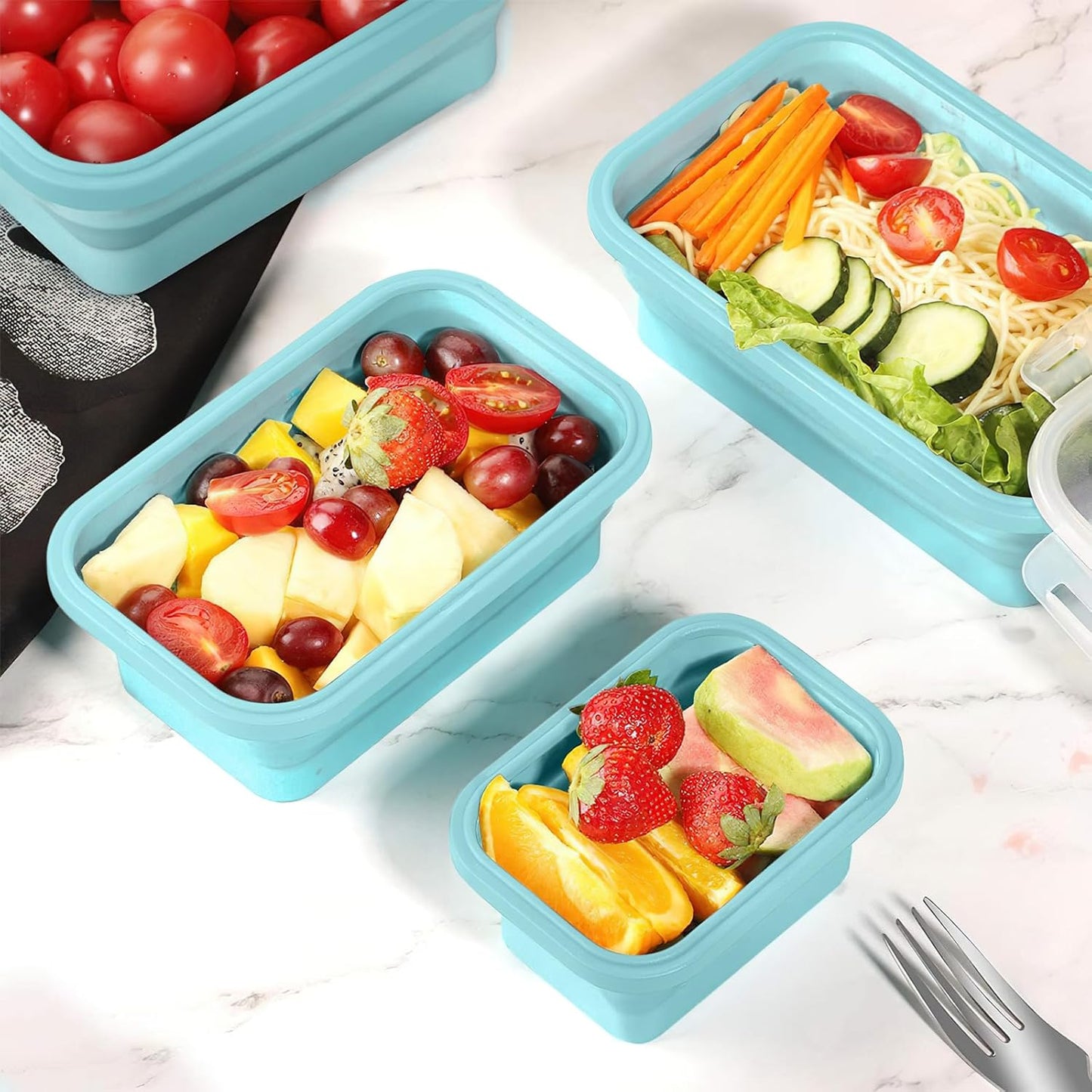 Faltbares Food Container-Set, 4-teilig mit Deckel, Hellblau