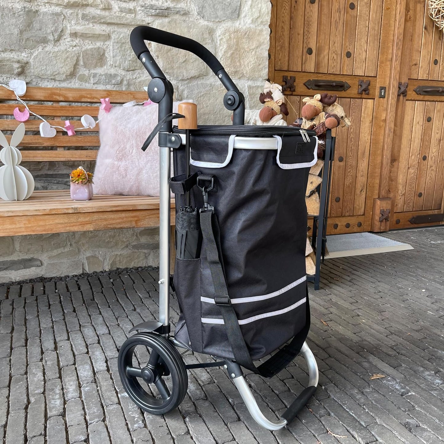 Faltbarer Einkaufstrolley mit Kühlfach, 57L, 30kg, Schwarz Standardrad