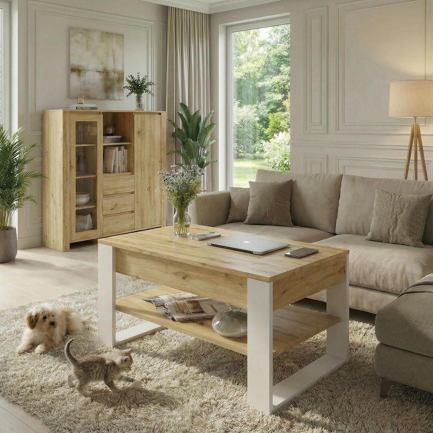 Höhenverstellbarer Couchtisch mit Stauraum, Eiche Artisan / Weiss
