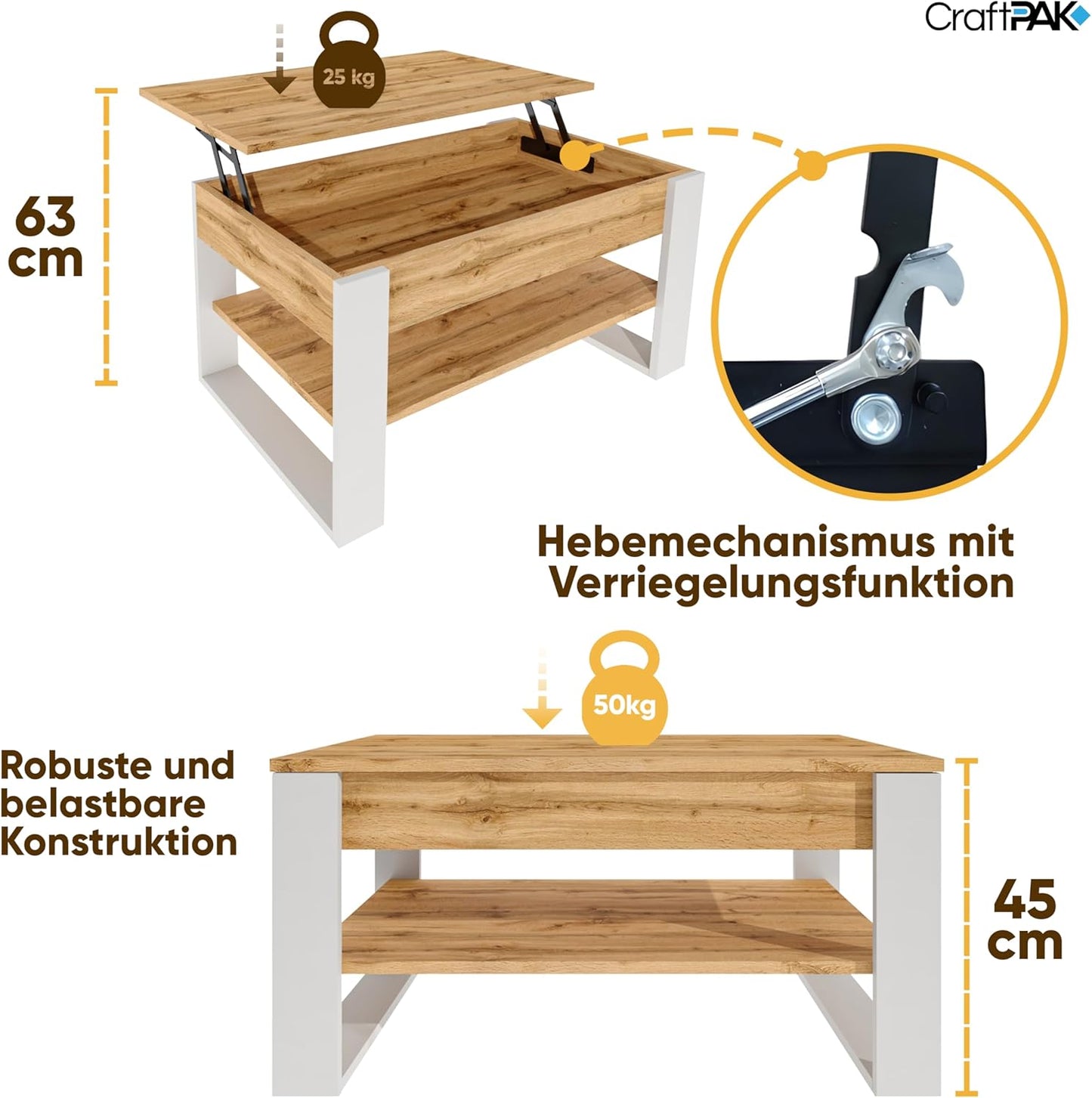 Höhenverstellbarer Couchtisch mit Stauraum, Wotan/Weiss.