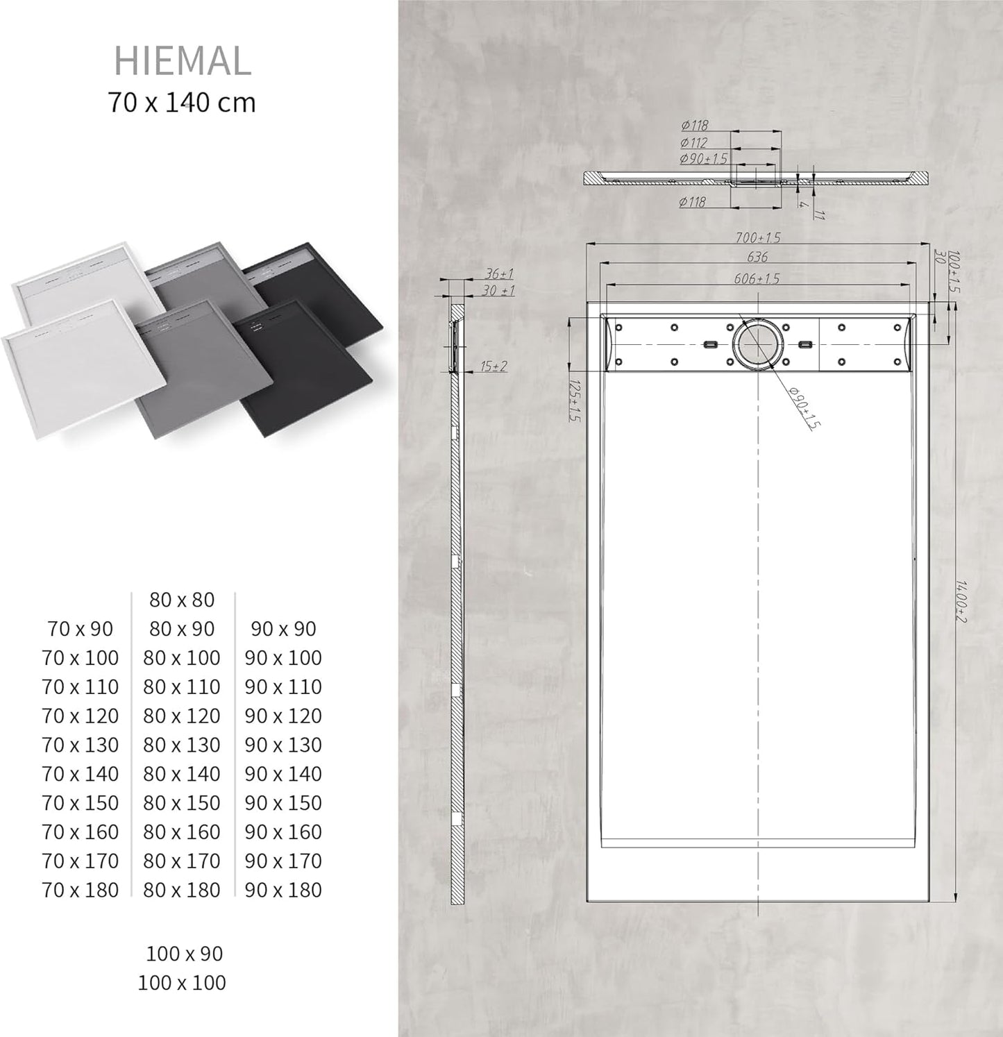 Extra flache Duschwanne Hiemal inkl. Ablaufgarnitur, 140x70 cm Schwarz - Ral7021