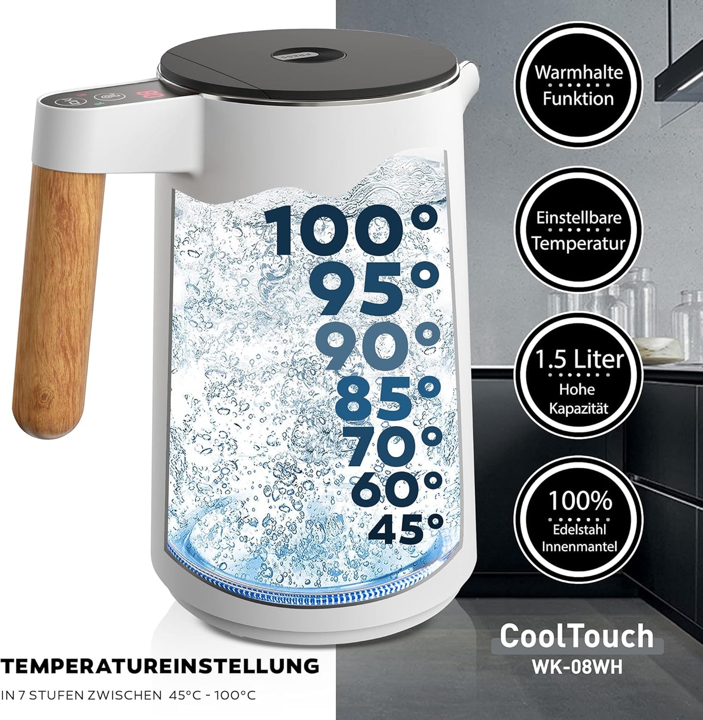 Wasserkocher mit Temperatureinstellung, Weiss