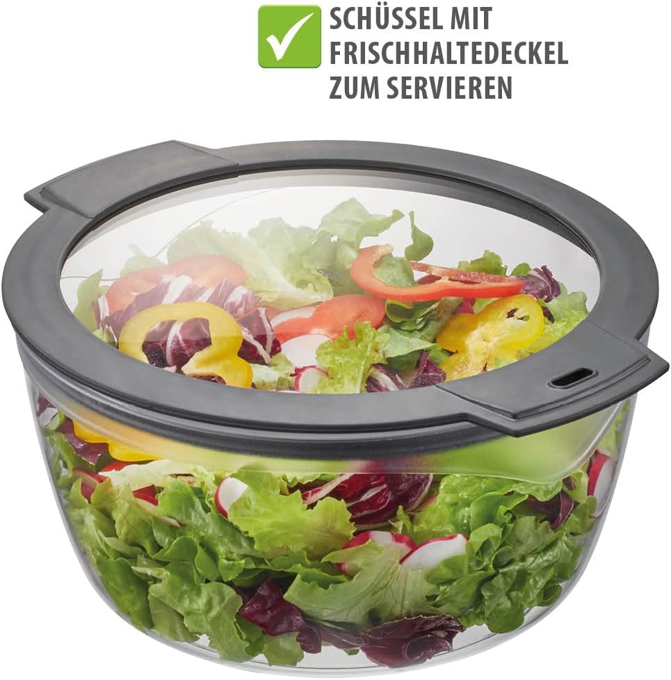 Salatschleuder mit Frischhaltedeckel 3L, 3l & Deckel Schwarz/Grau + Frischhaltedeckel