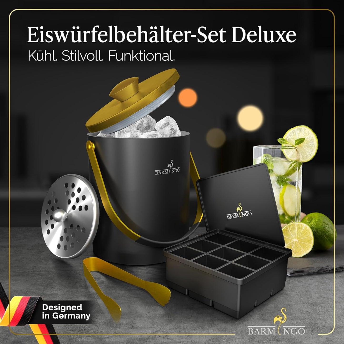 Eiswürfelbehälter mit Deckel und Zange, Schwarz-Gold
