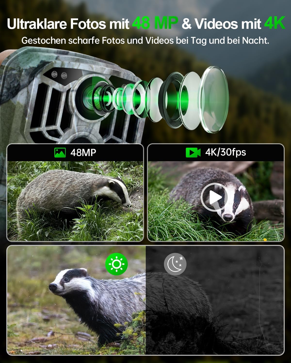 Wildkamera 4K mit WiFi und Nachtsicht, Wildkamera 4K Wifi