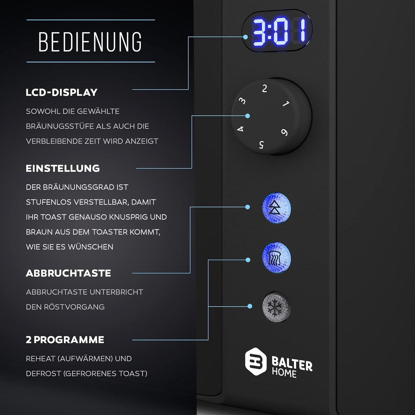 TS-04-BL - Toaster für 4 Scheiben - Langschlitz mit LCD Display, Schwarz