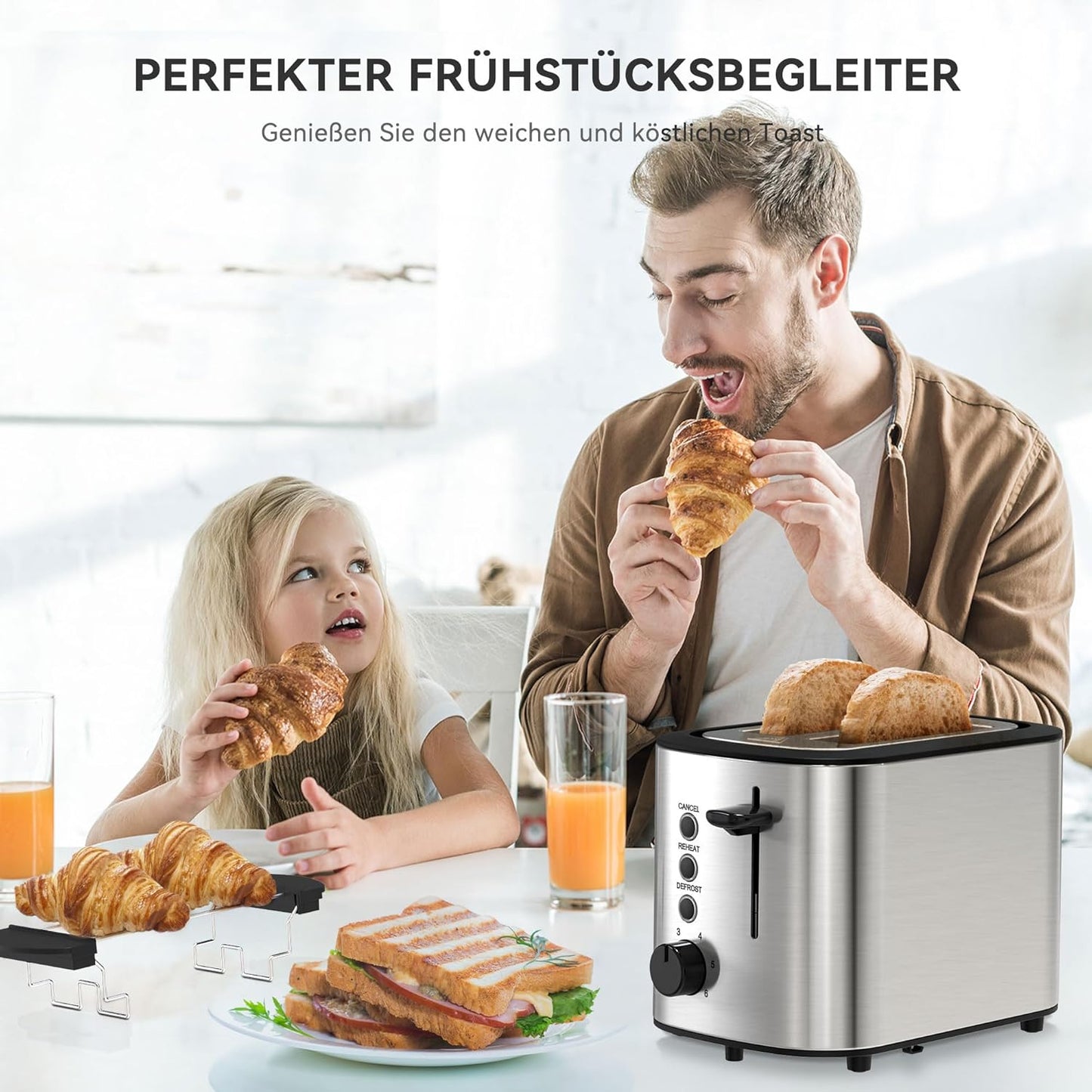 Toaster mit Brötchenaufsatz und herausnehmbarer Krümelschublade