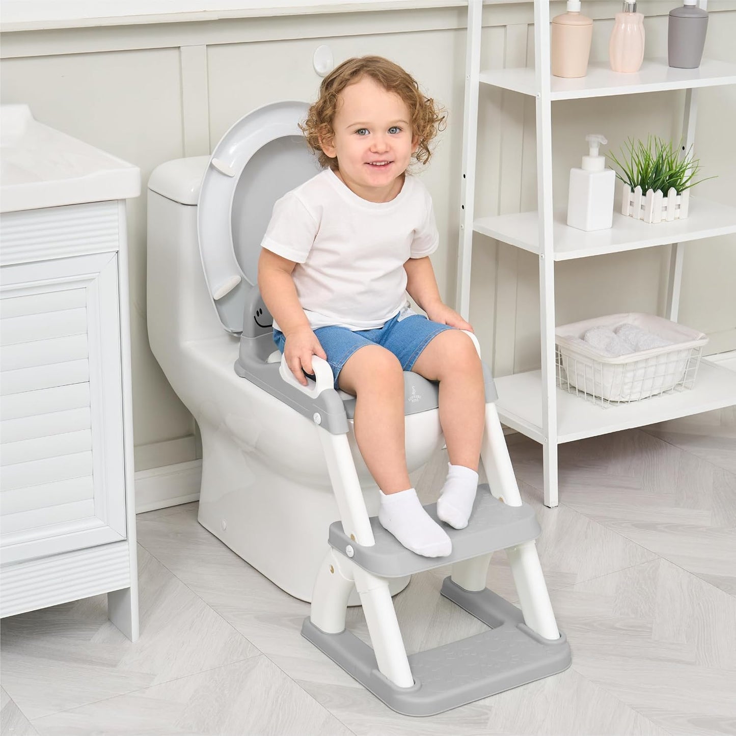 Kinder Toilettensitz mit Treppe & Rückenlehne, Grau