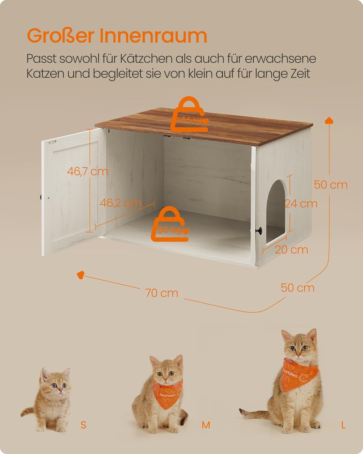 Katzenklo-Schrank PCL022K02, 50T x 70B cm Honigbraun + Vintageweiss