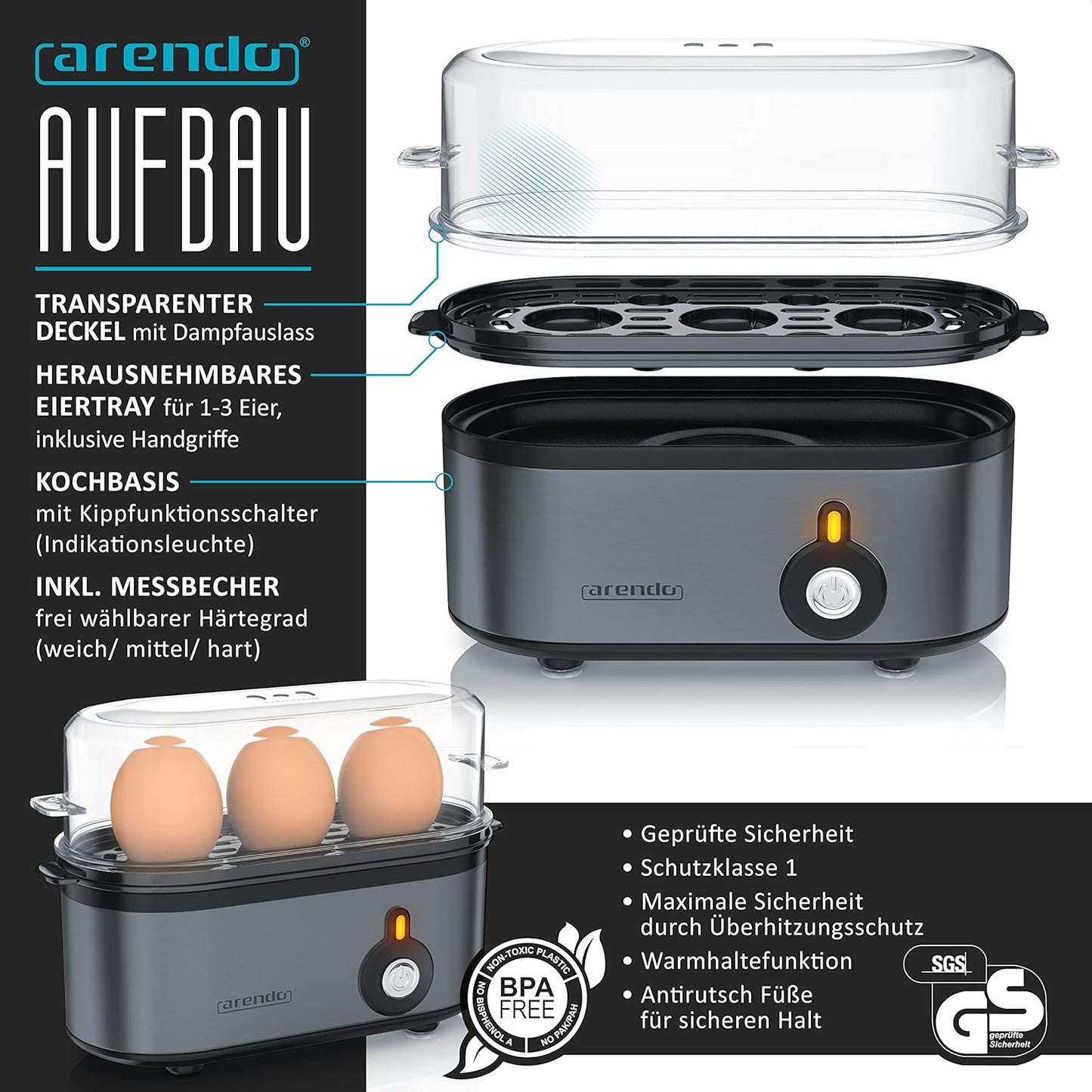 Frühstücks-Set mit Toaster, Wasser- und Eierkocher, A: Cool Grey