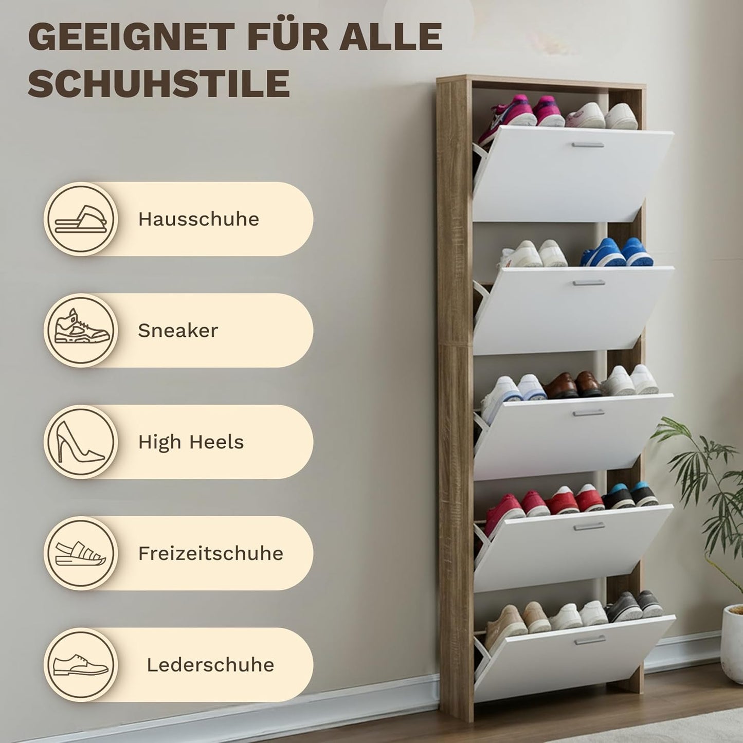 Schuhschrank mit 5 Kippfächern für 15 Paar Schuhe, 5 Türen Weisse Türen, Rahmen aus Hellem Holz