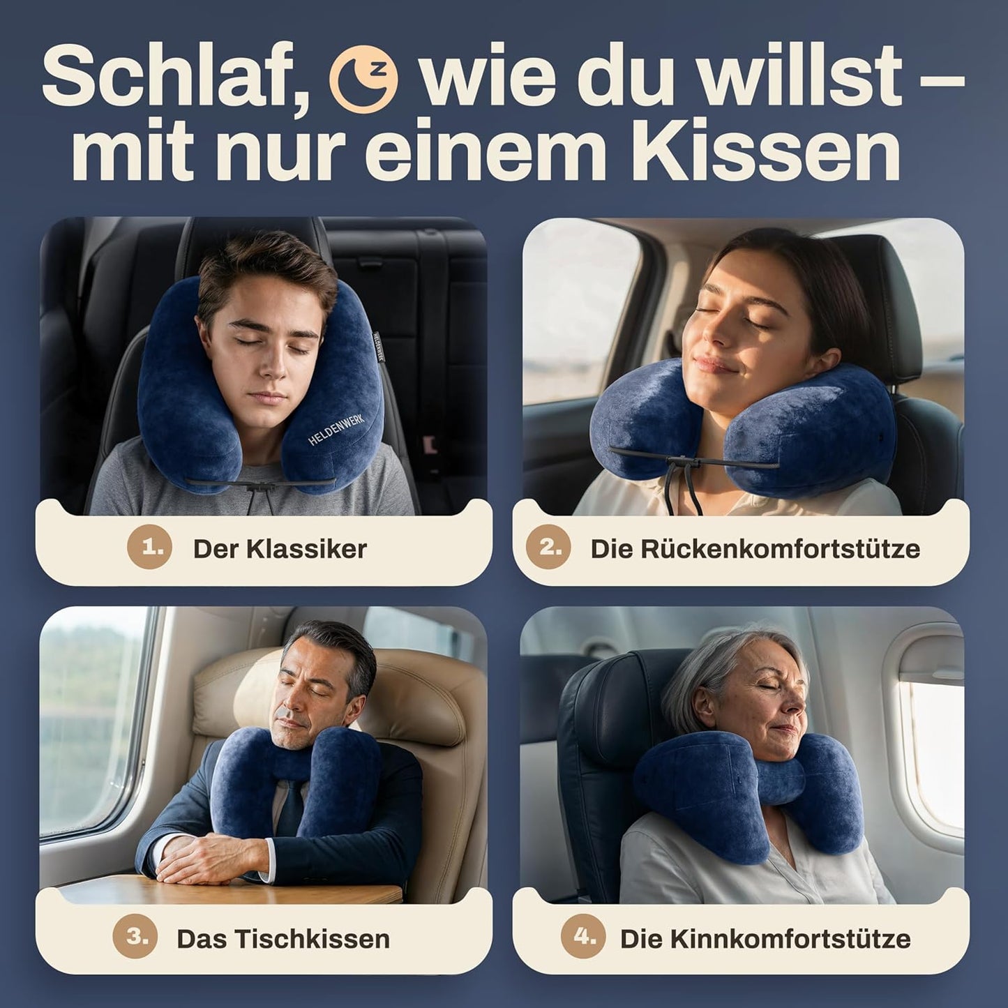 Aufblasbares Nackenkissen mit abnehmbarer Kapuze, Grösse L, Navy Blue Gross - passt den meisten