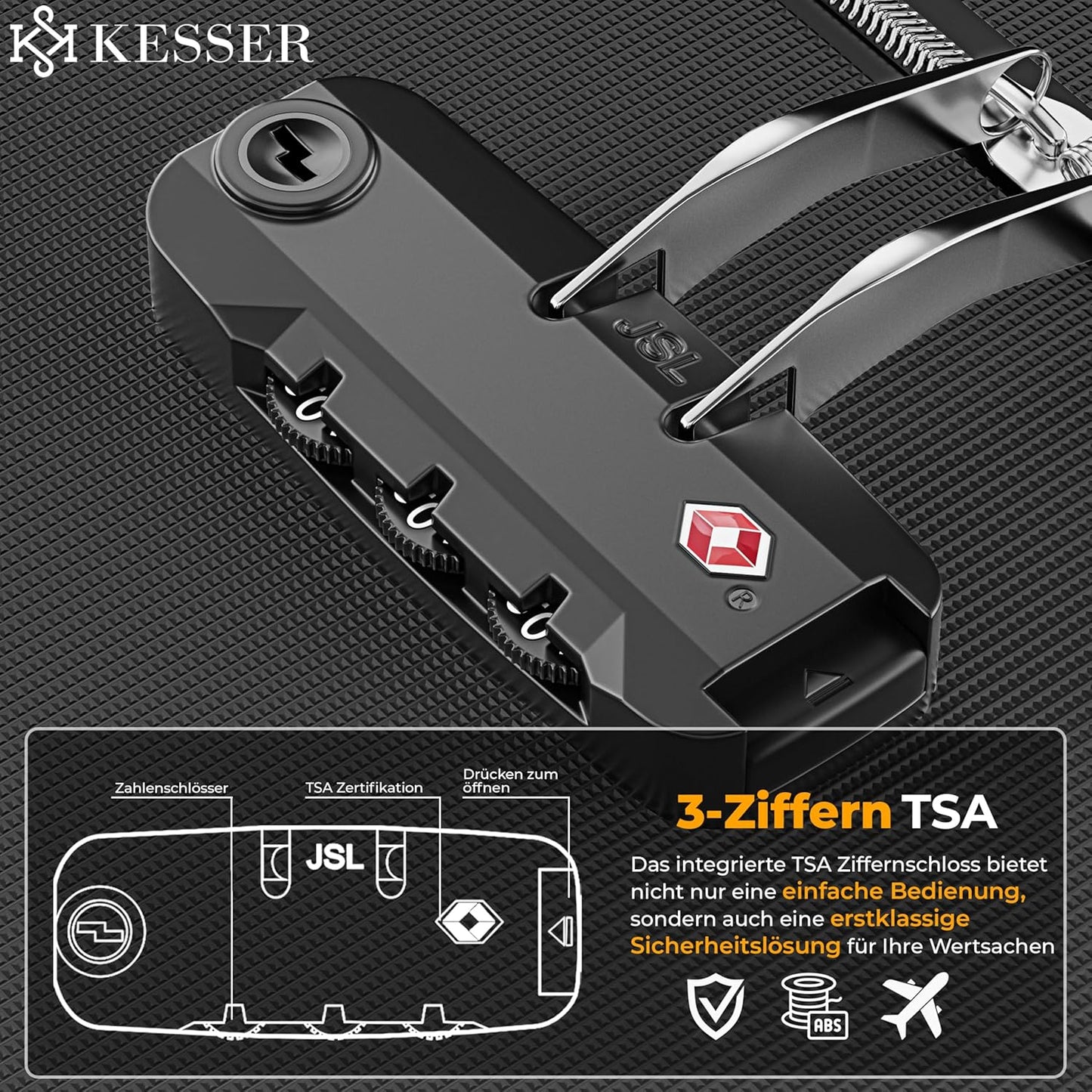 Reisekoffer Set 4-teilig mit TSA-Schloss & Rollen, Schwarz