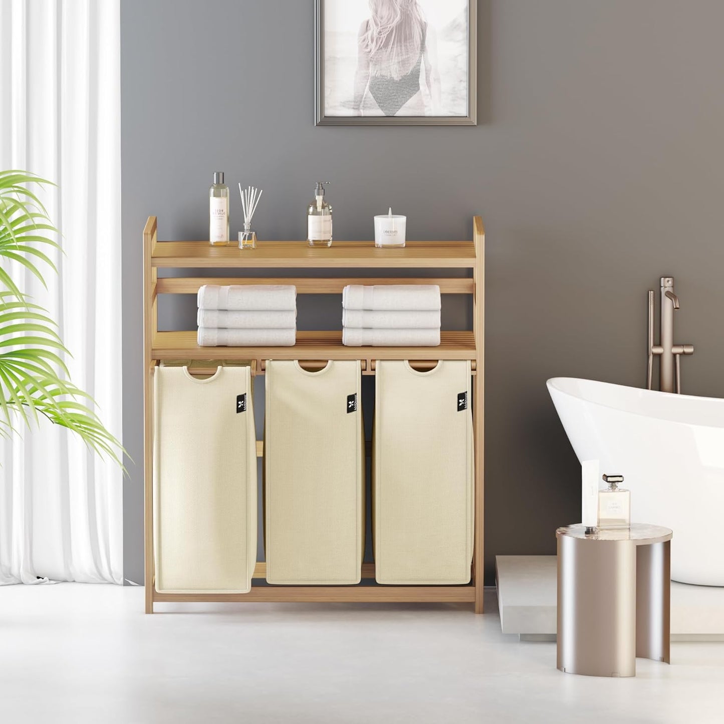 3-Fächer Wäschesortierer mit Doppelregal, Beige-6-15