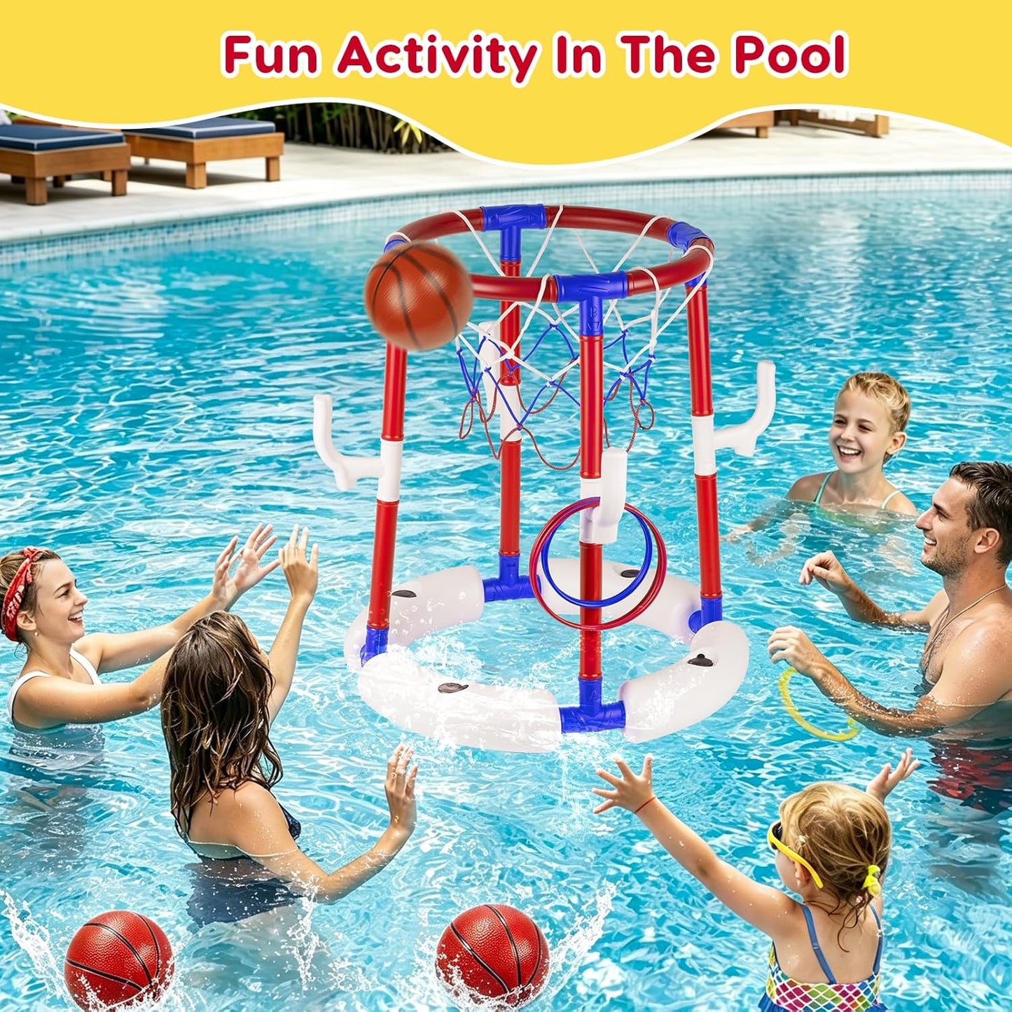 Pool-Basketballkorb mit 4 Bällen, 6 Ringen und Pumpe