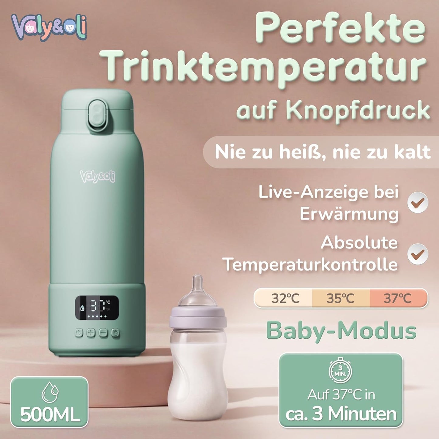 Tragbarer Babyflaschenwärmer mit Akku, Salbei-Grün