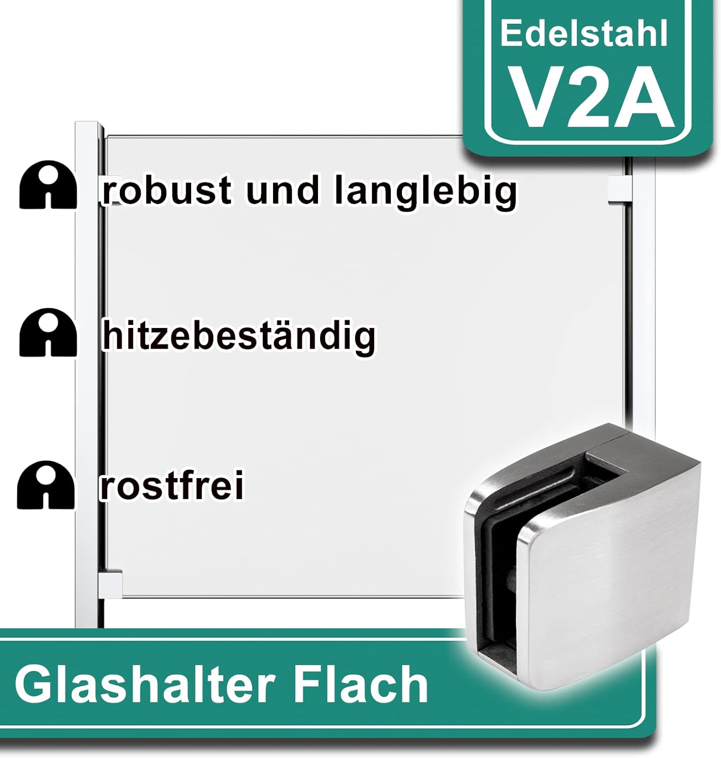 Glashalter-Set mit Sicherungsplatte, Anschluss: Flach | Glasdicke: 10 mm