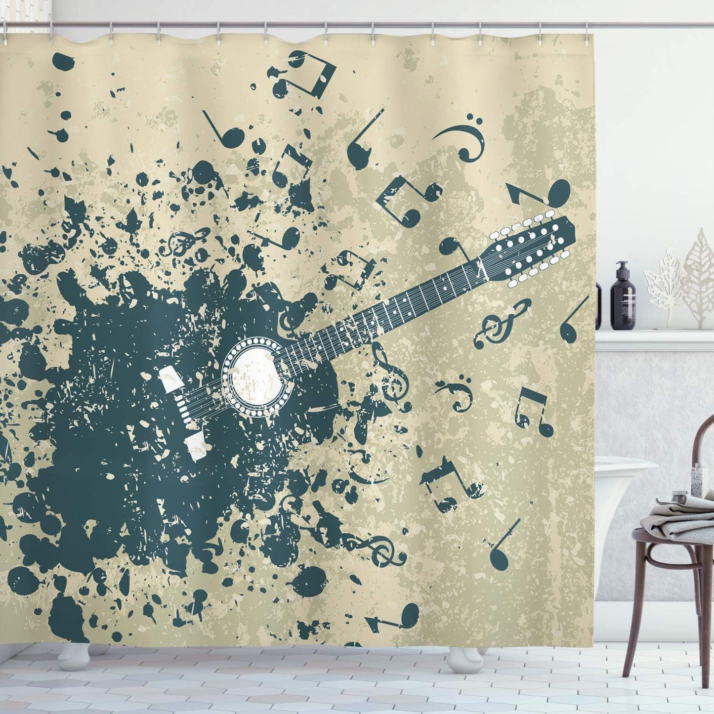 Duschvorhang mit Akustikgitarren-Motiv, H240 x B175 cm (1er Pack) Beige Dunkelblau