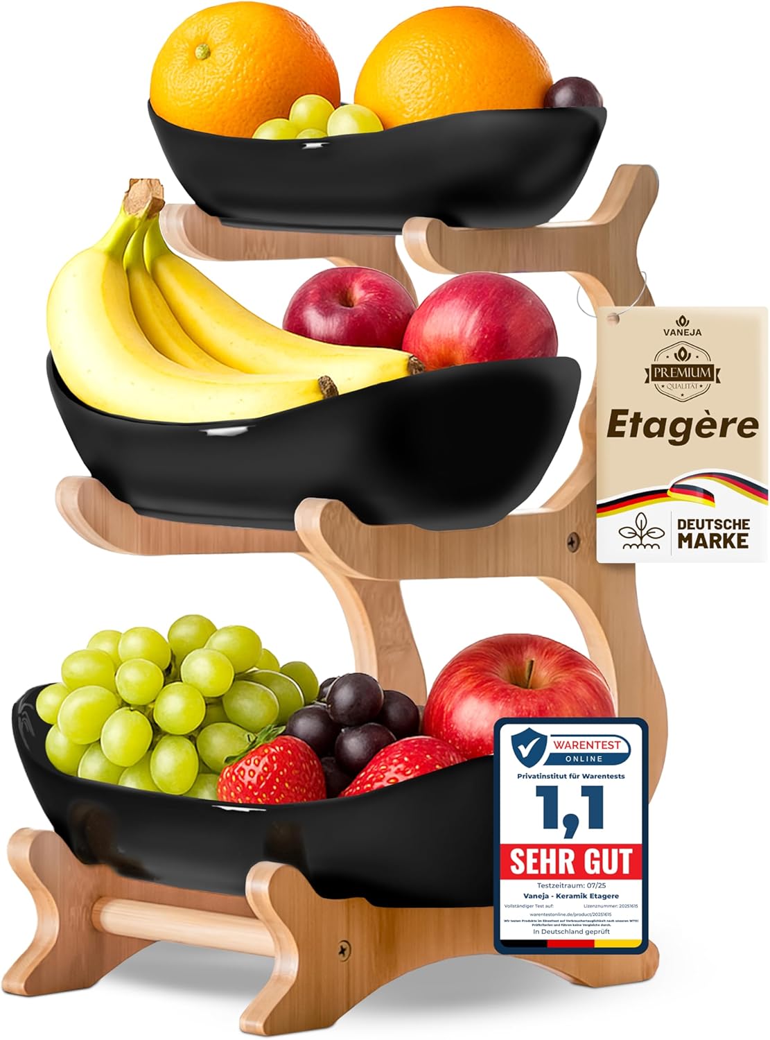 Obst Etagere 3-stöckig mit Bambusständer, Schwarz