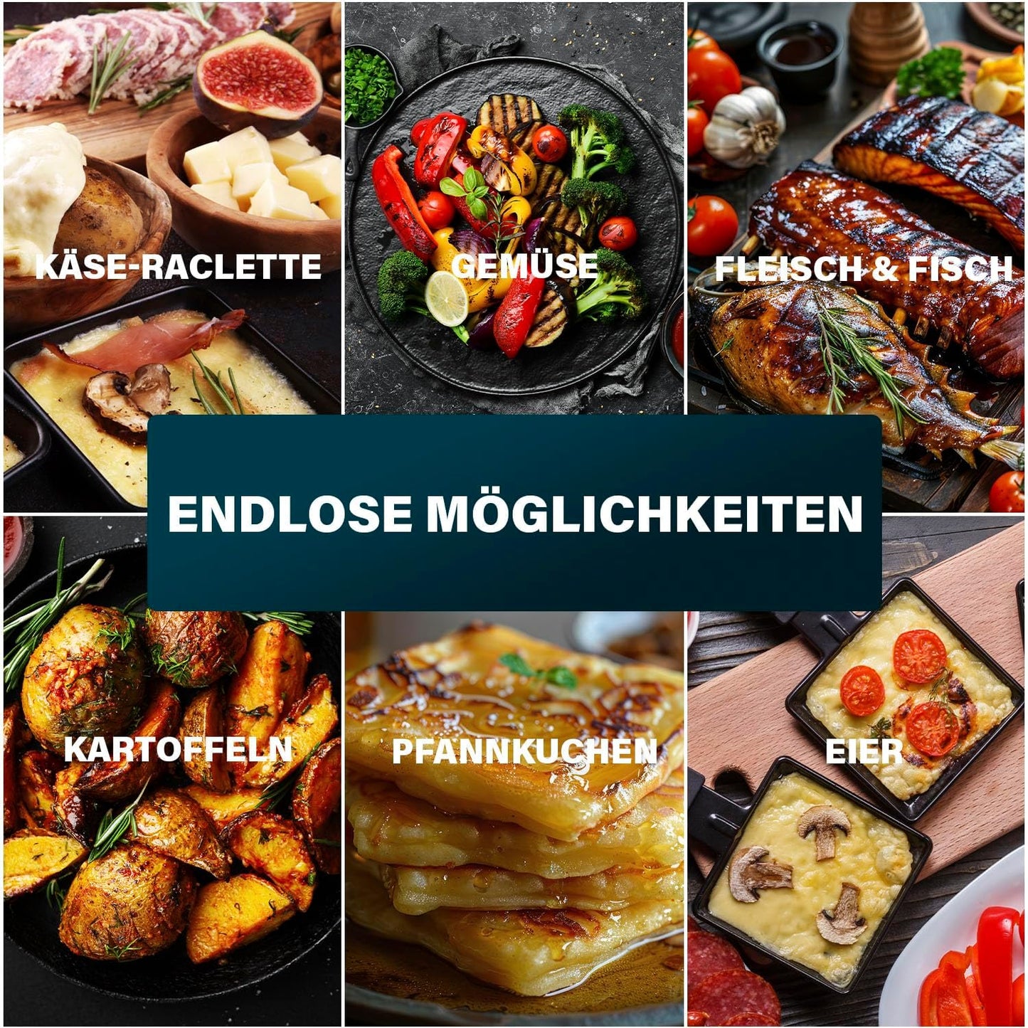 Raclette-Grill mit Luftfiltersystem für 8 Personen, Integriertes Luftfiltersystem 8 Personen