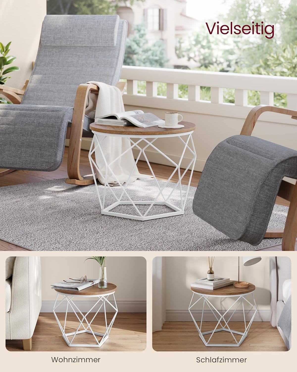 Runder Couchtisch-Set mit abnehmbarer Platte (2-teilig), (50d x 40H) cm+(40d x 36H) cm Honigbraun + Wolkenweiss