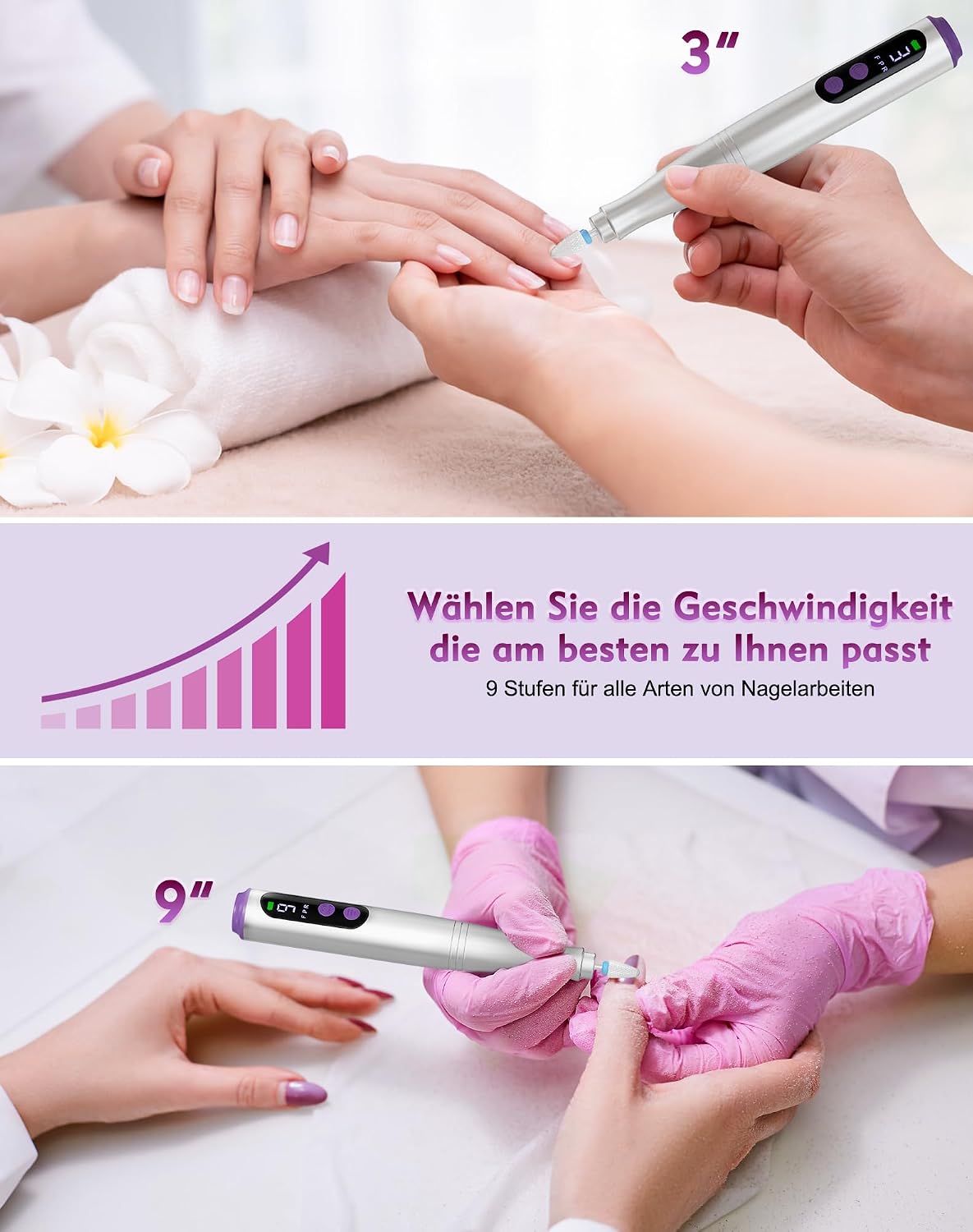 Elektrischer Nagelfräser mit LCD & USB-C, 9 Geschwindigkeiten, Silber
