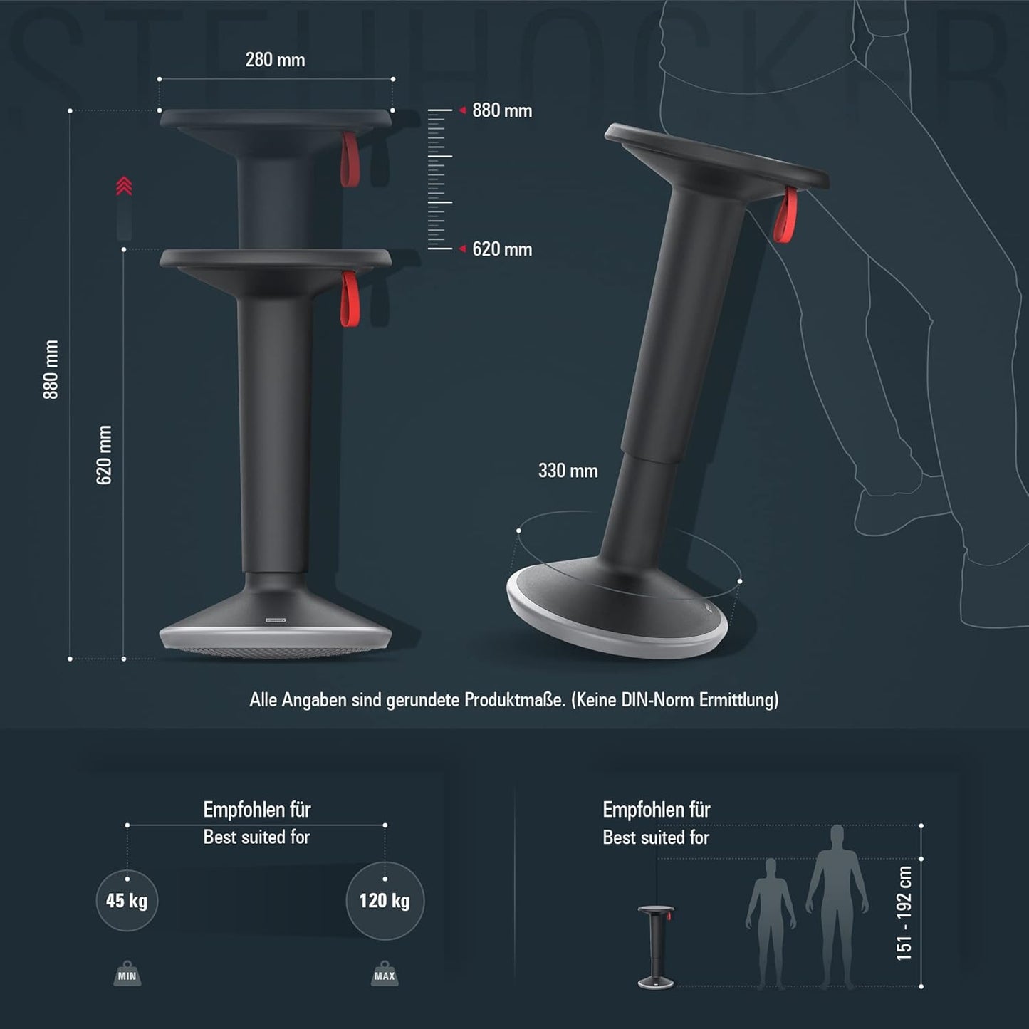Ergonomischer Stehhocker höhenverstellbar, UP Stehhocker Schwarz