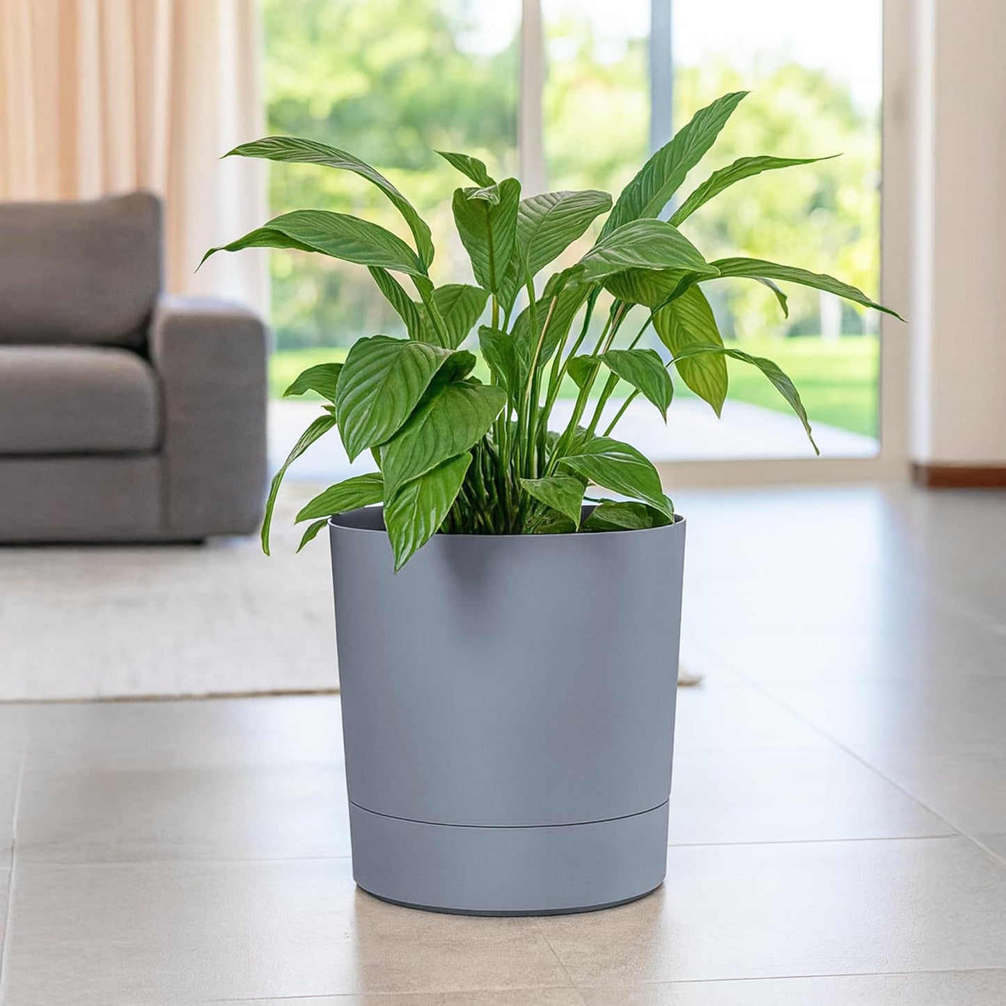 Grosser Blumentopf mit Untersetzer, Grau 38 cm