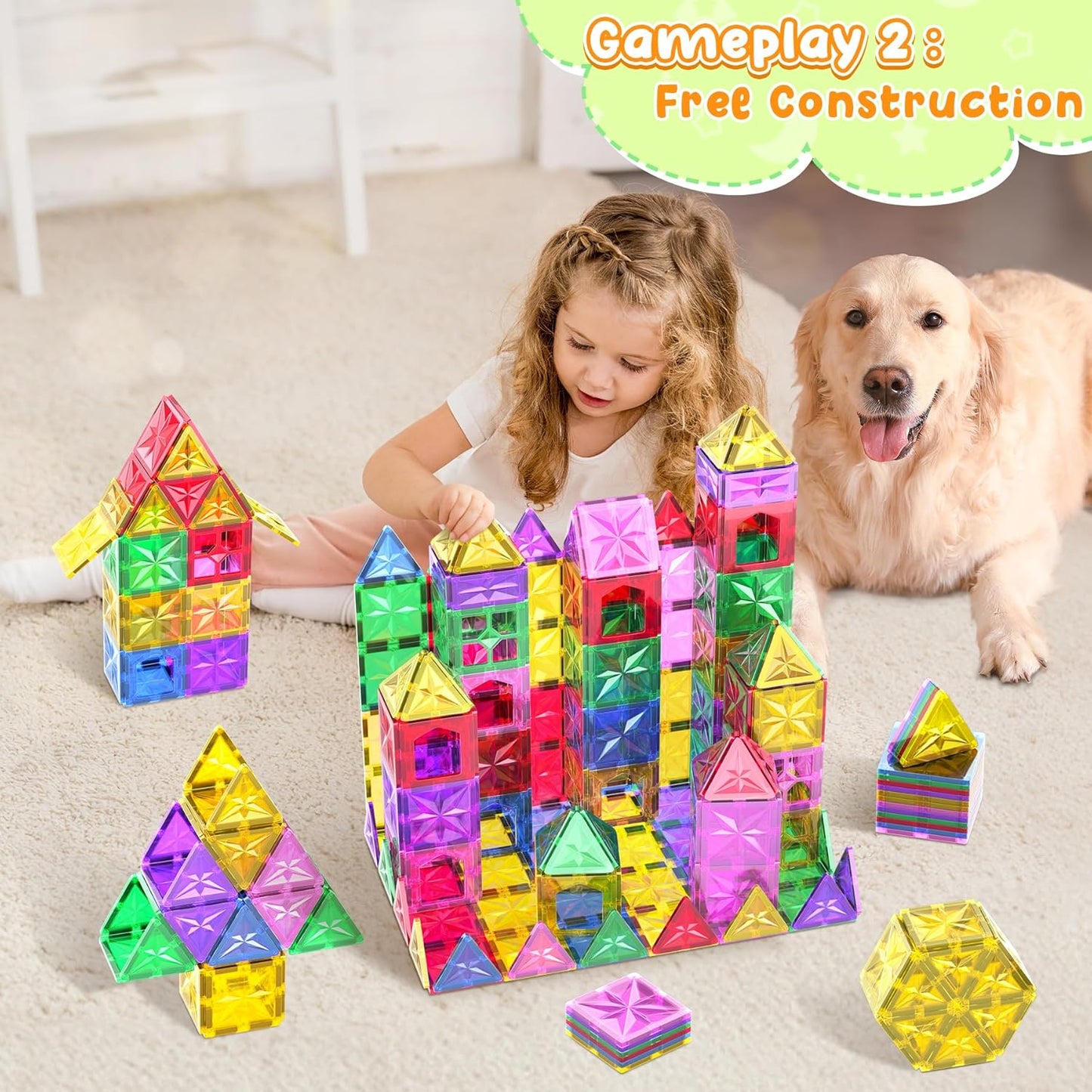 Magnetische Bausteine-Set mit 2 Autos, Rainbow Colours