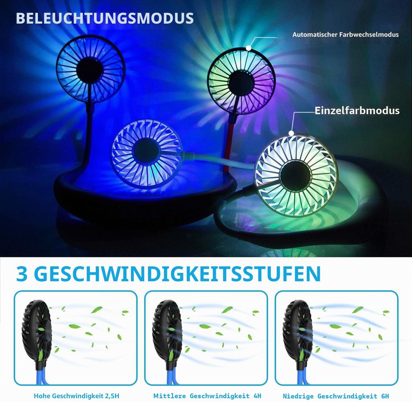 Nackenventilator SF-019, wiederaufladbar, 3 Stufen, Schwarz Blau