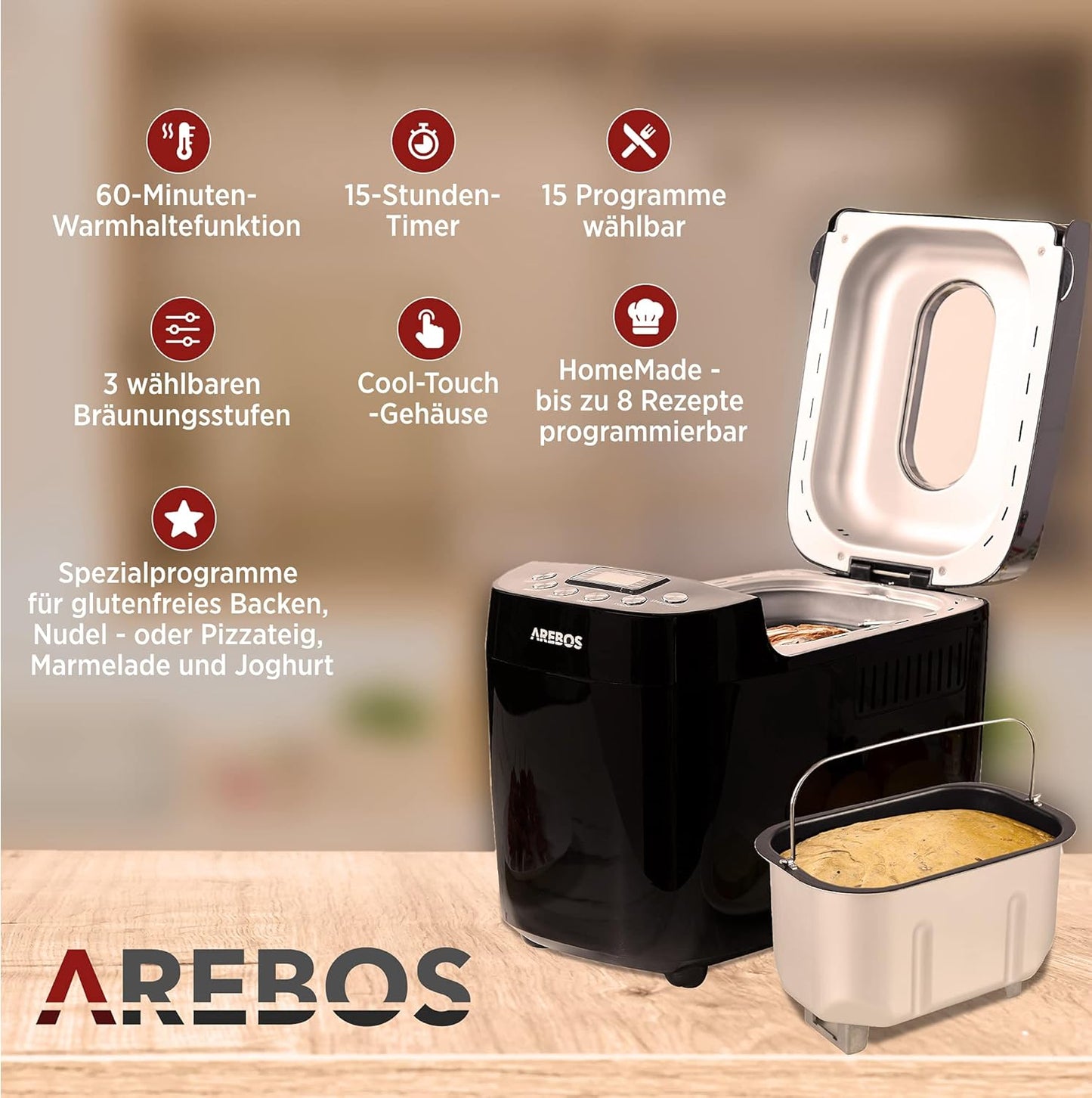 Brotbackautomat mit 15 Programmen und Timer, Schwarz