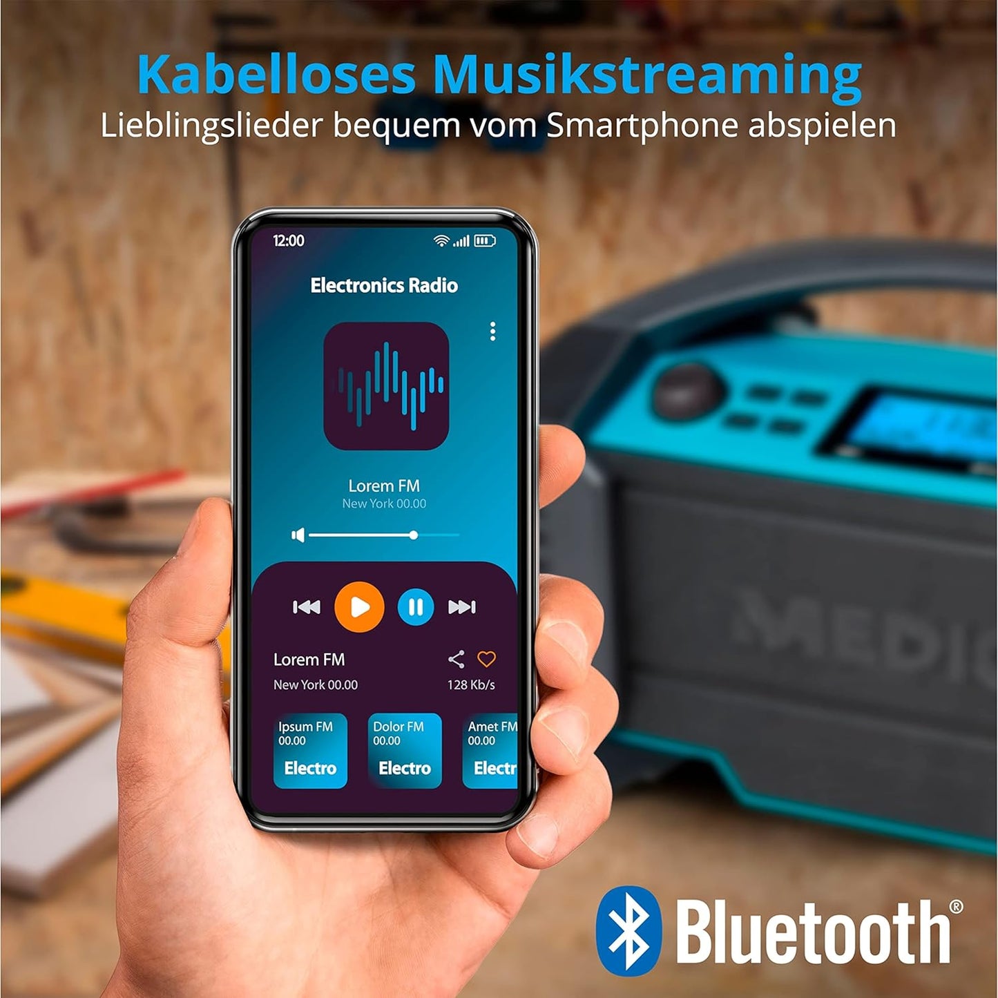 DAB+ Baustellenradio mit Bluetooth und Akku, Horizontal | 15 Watt (RMS)