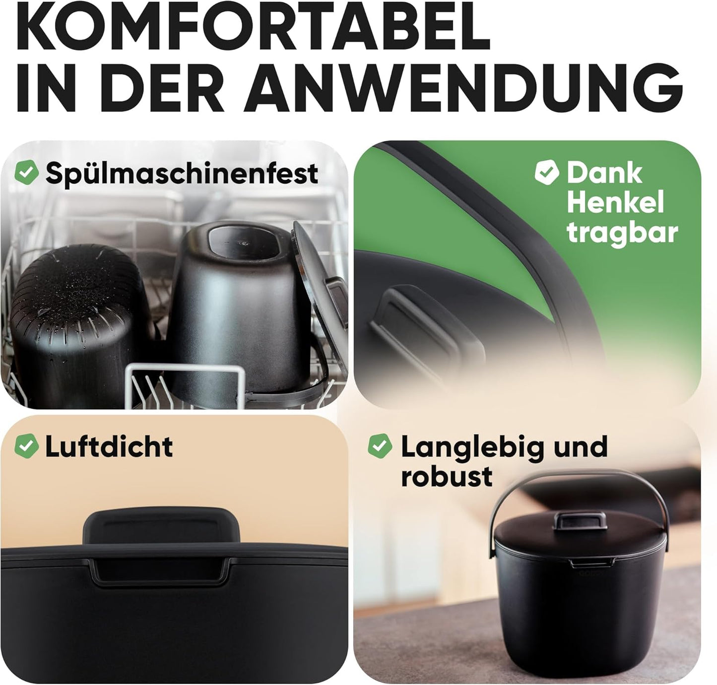 Biomülleimer mit Deckel und Sieb, Schwarz