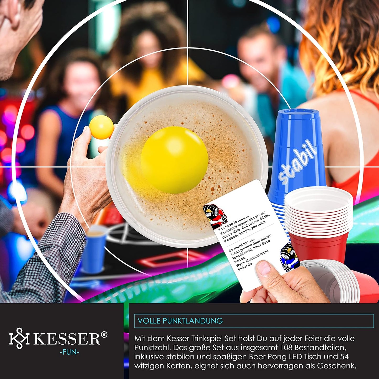 Bier Pong Tisch Set mit LED und Kartenspiel, Classic mit Led + Kartenspiel