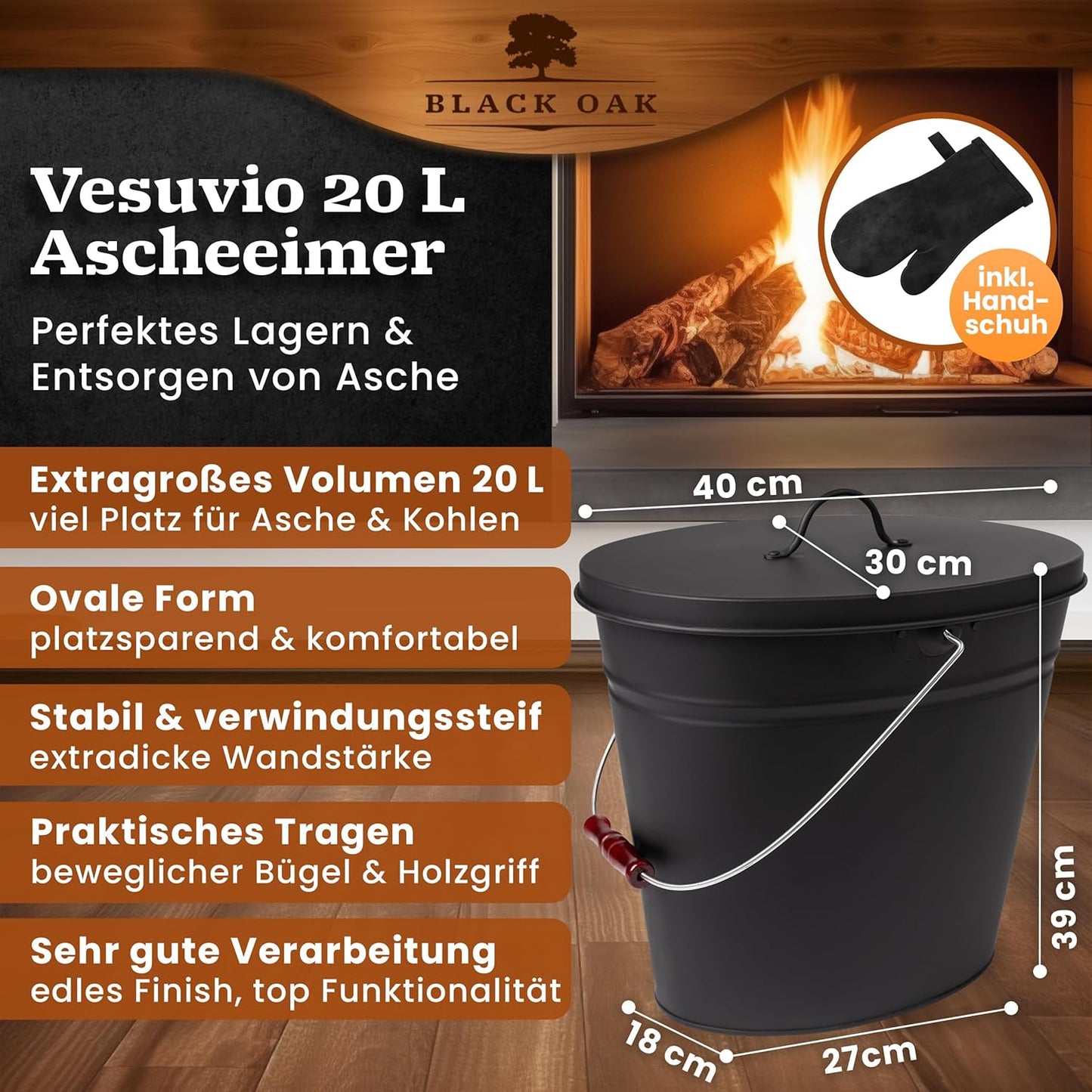 Ascheeimer Vesuvio, Vesuvio 20L mit Lederhandschuh