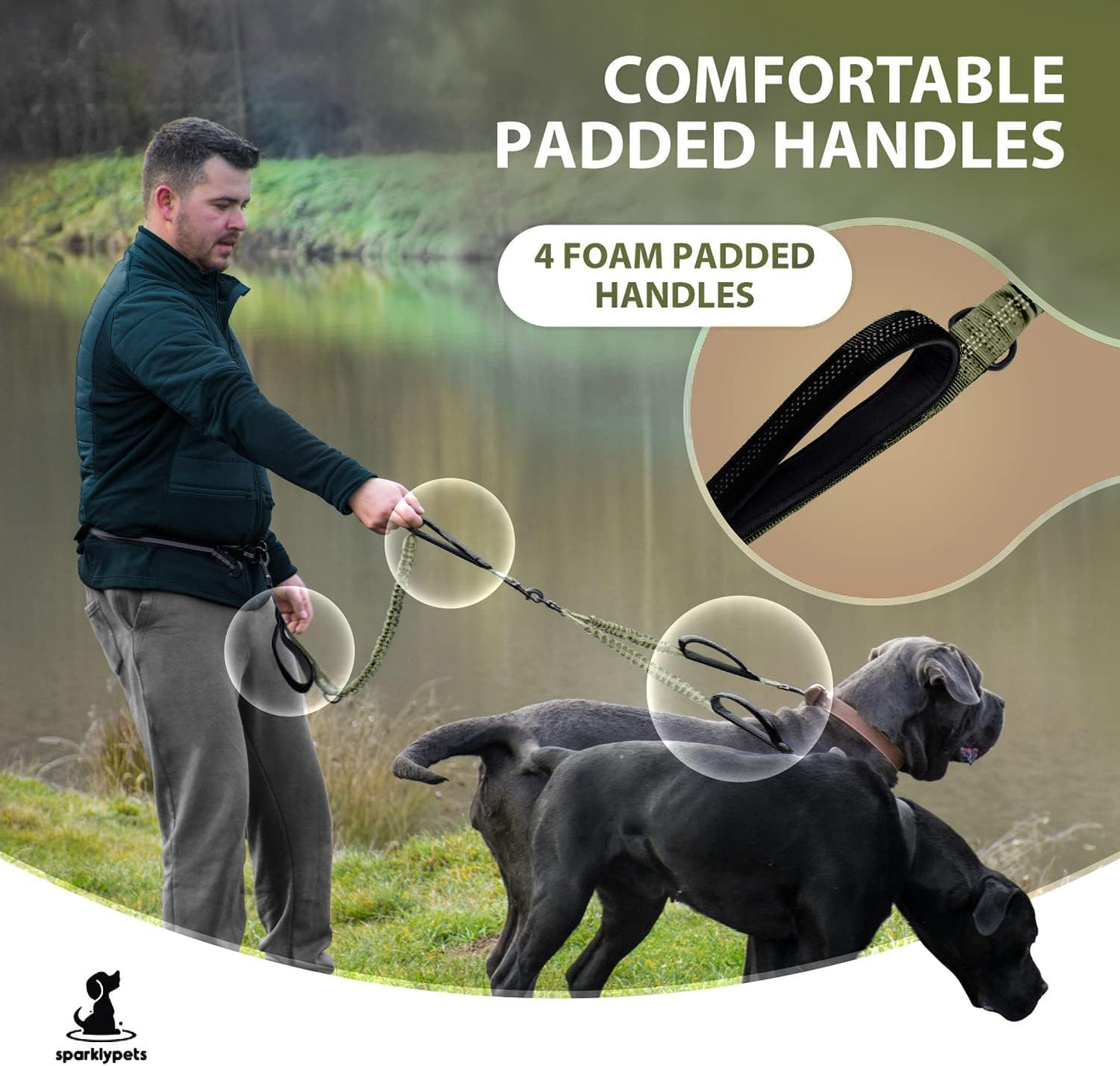 Joggingleine für Hunde, Grün Armygrün Für zwei Hunde