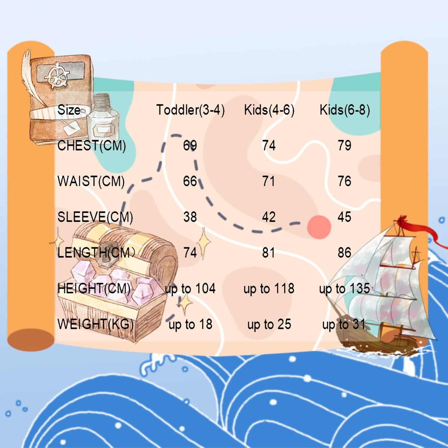 Piratenkostüm für Kinder, 5-6 Jahre/ 110-116 3 Pcs Piratensatz