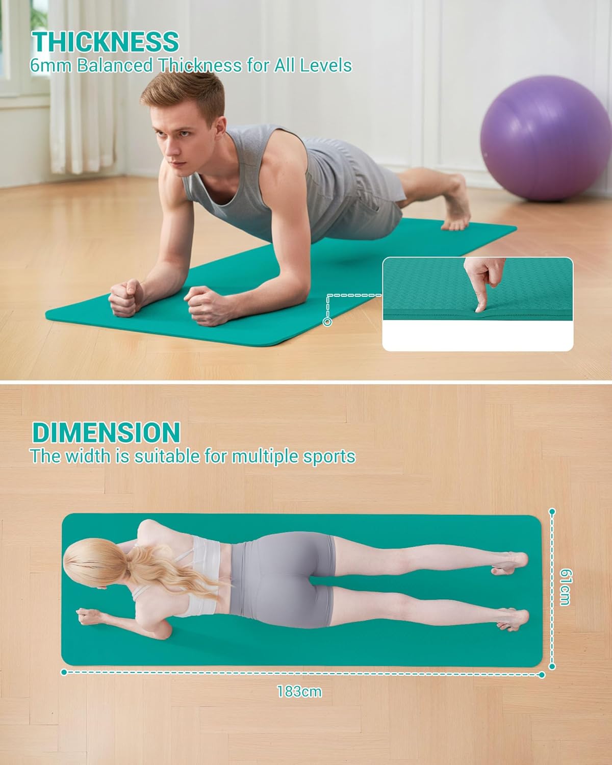 Gymnastik- und Yogamatte mit Tragegurt (183 x 61 x 0,6 cm), Türkis