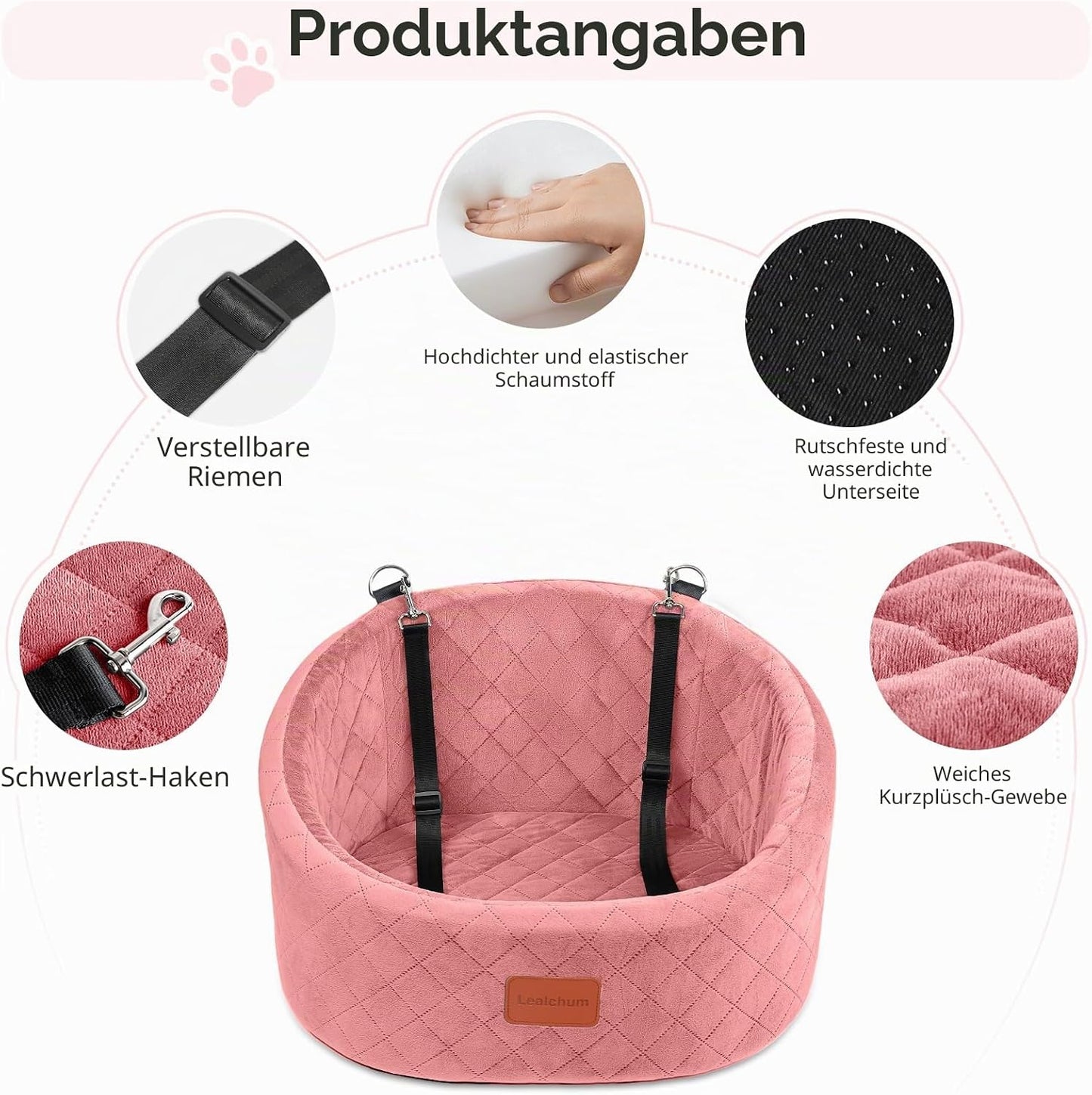 Hunde-Autositz mit Sicherheitsleine und rutschfester Unterseite, Pink Small